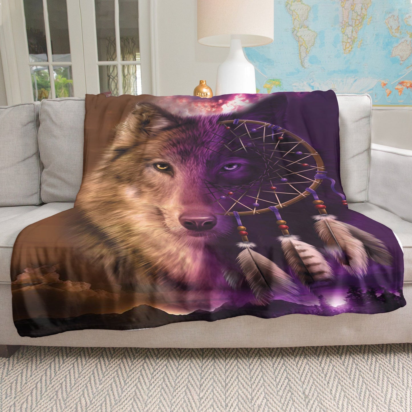 Native American Style Wolf Native Soft And Warm Fleece Blanket