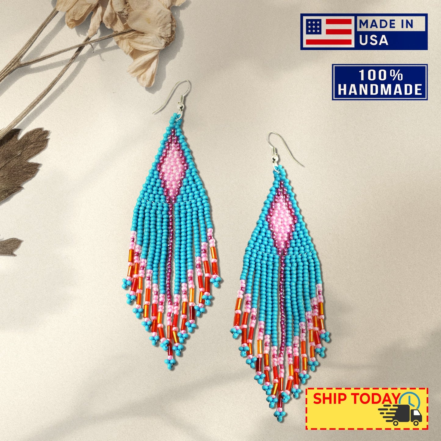 Turquoise Blue Seed Pattern Beaded Handmade Earrings For Women