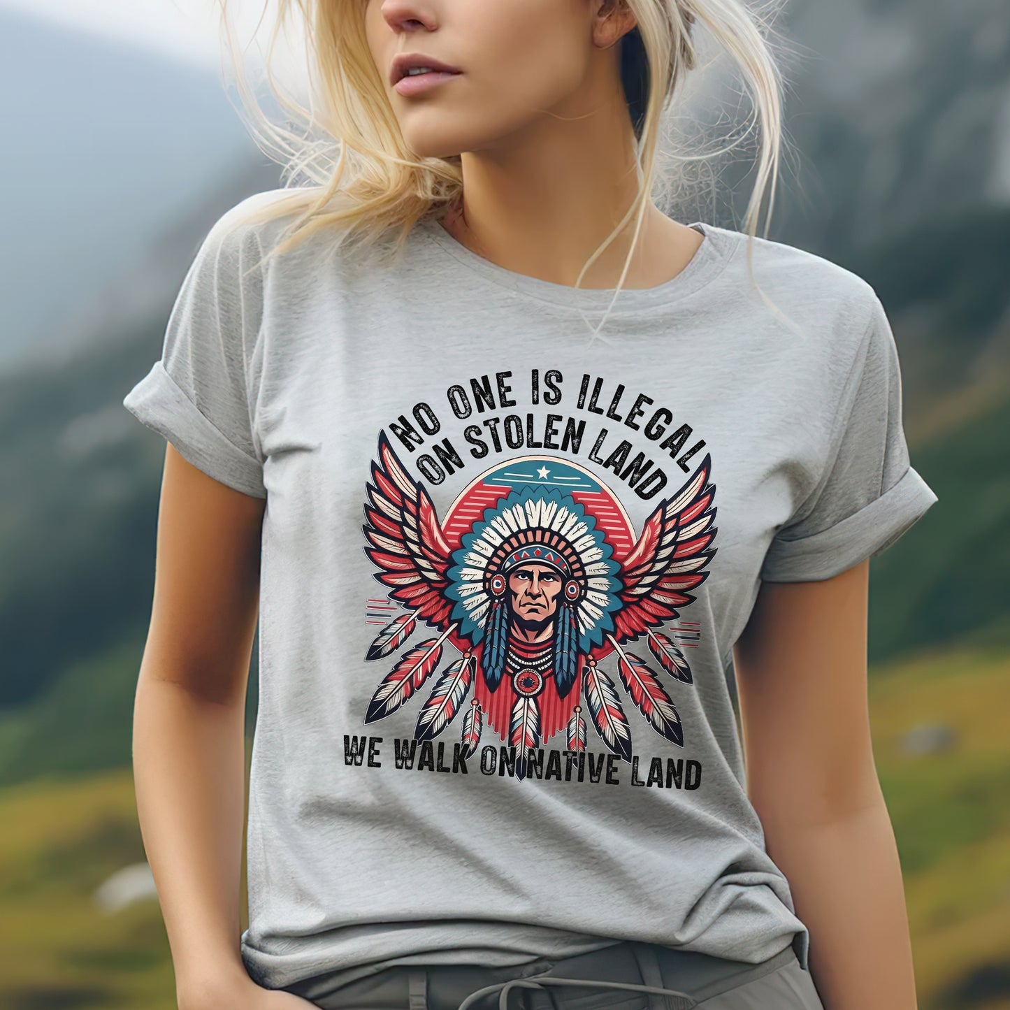 No One Is Illegal On Stolen Land Native Chief Headdress Unisex T-Shirt/T-Shirt V-Neck/Hoodie/Sweatshirt