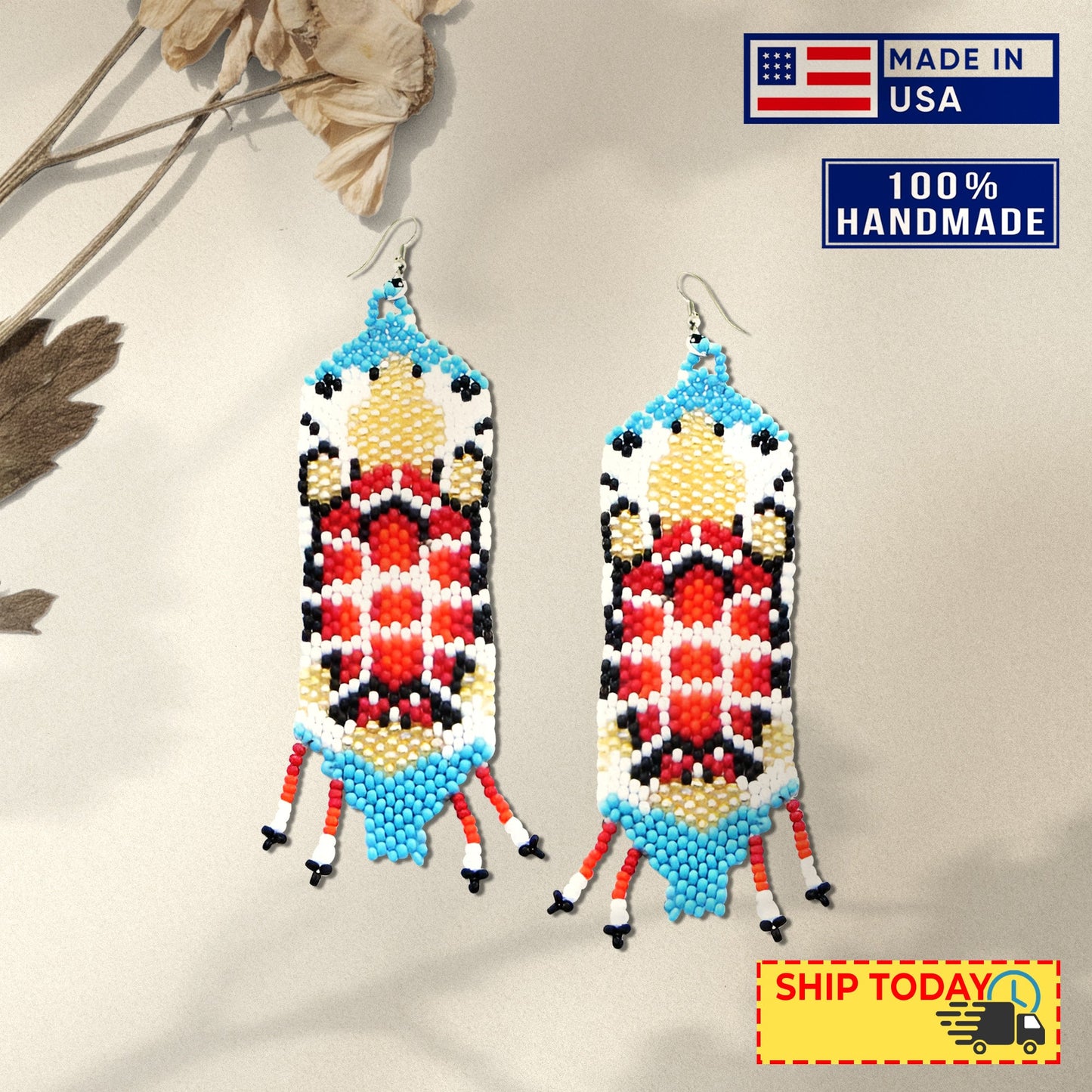 Turtle Red Turquoise Beaded Handmade Earrings For Women