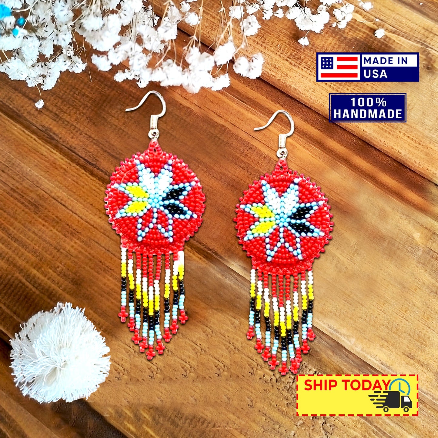 Handmade Beaded Red Medallion 4 Directions Necklace Earrings Set
