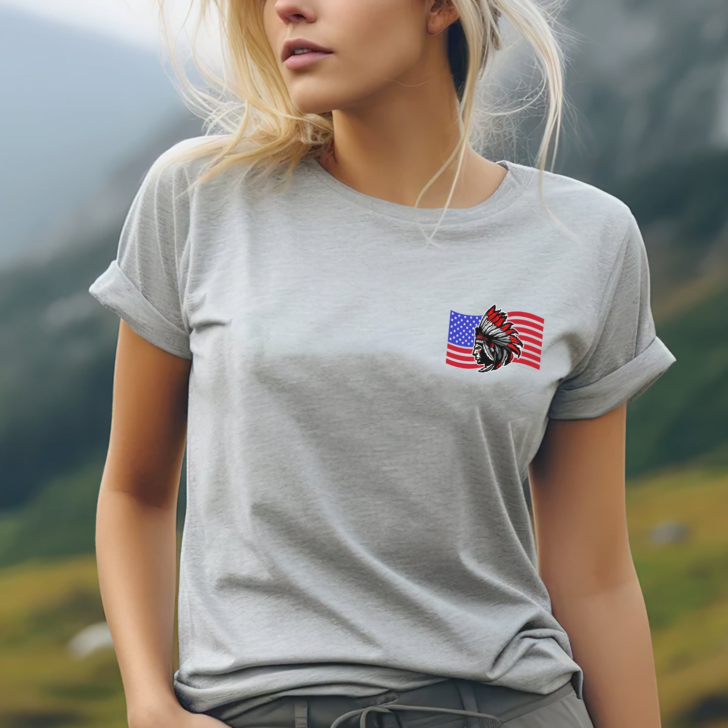 Native American Flag Tribal Chief Head with USA Flag Graphic - Two sides - Unisex T-Shirt/T-Shirt V-Neck/Hoodie/Sweatshirt