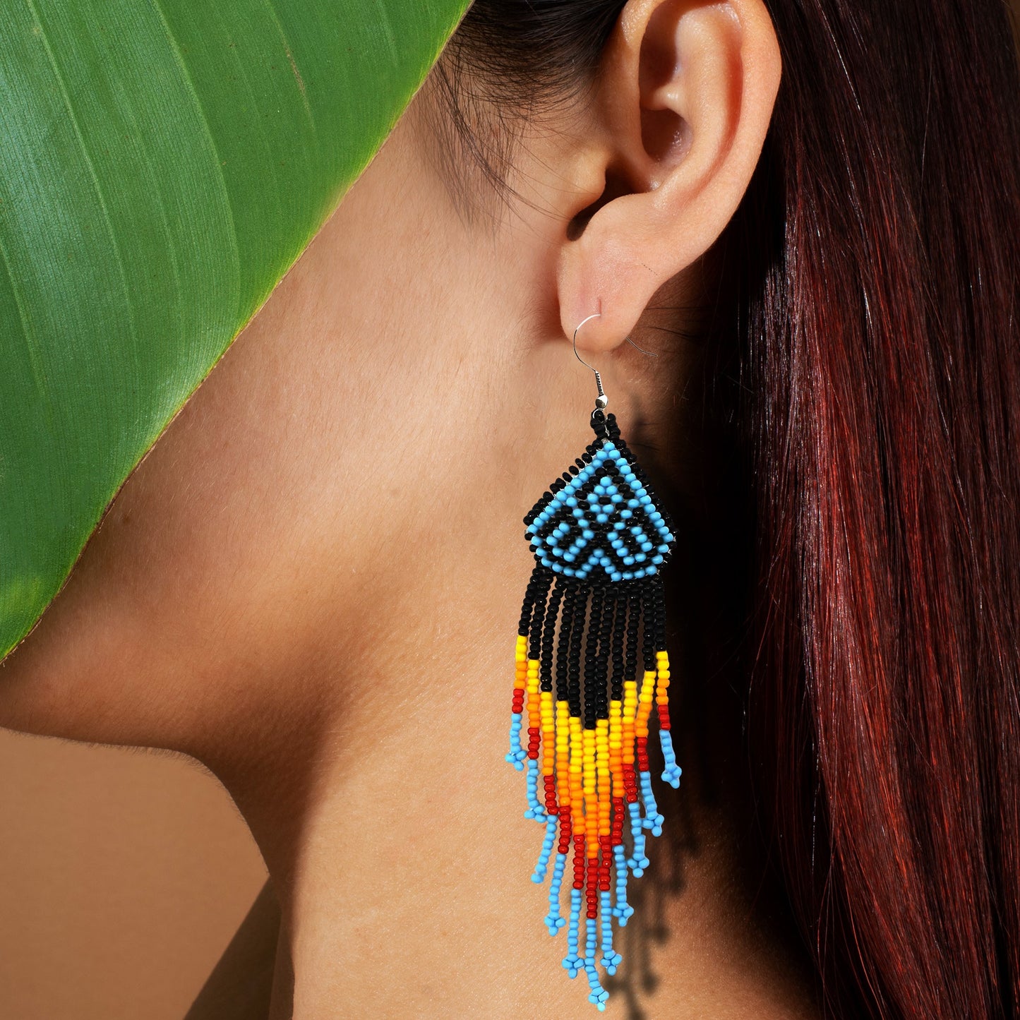Black Multicolored Long Pattern Beaded Handmade Earrings For Women