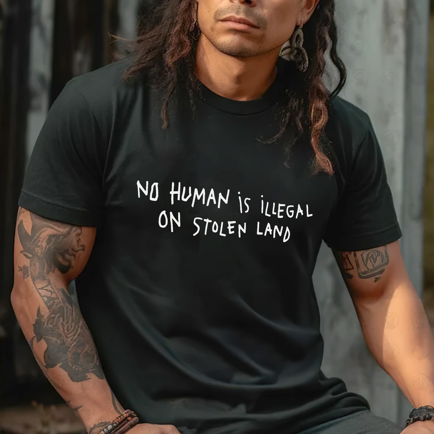 No Human Is Illegal on Stolen Land Unisex T-Shirt/T-Shirt V-Neck/Hoodie/Sweatshirt - Support for Indigenous Rights, Immigrant Justice