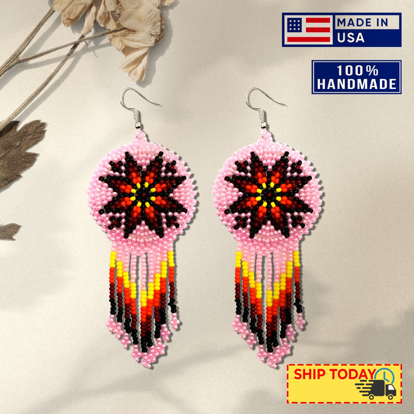 Pink Fire Color Round Beaded Handmade Earrings For Women