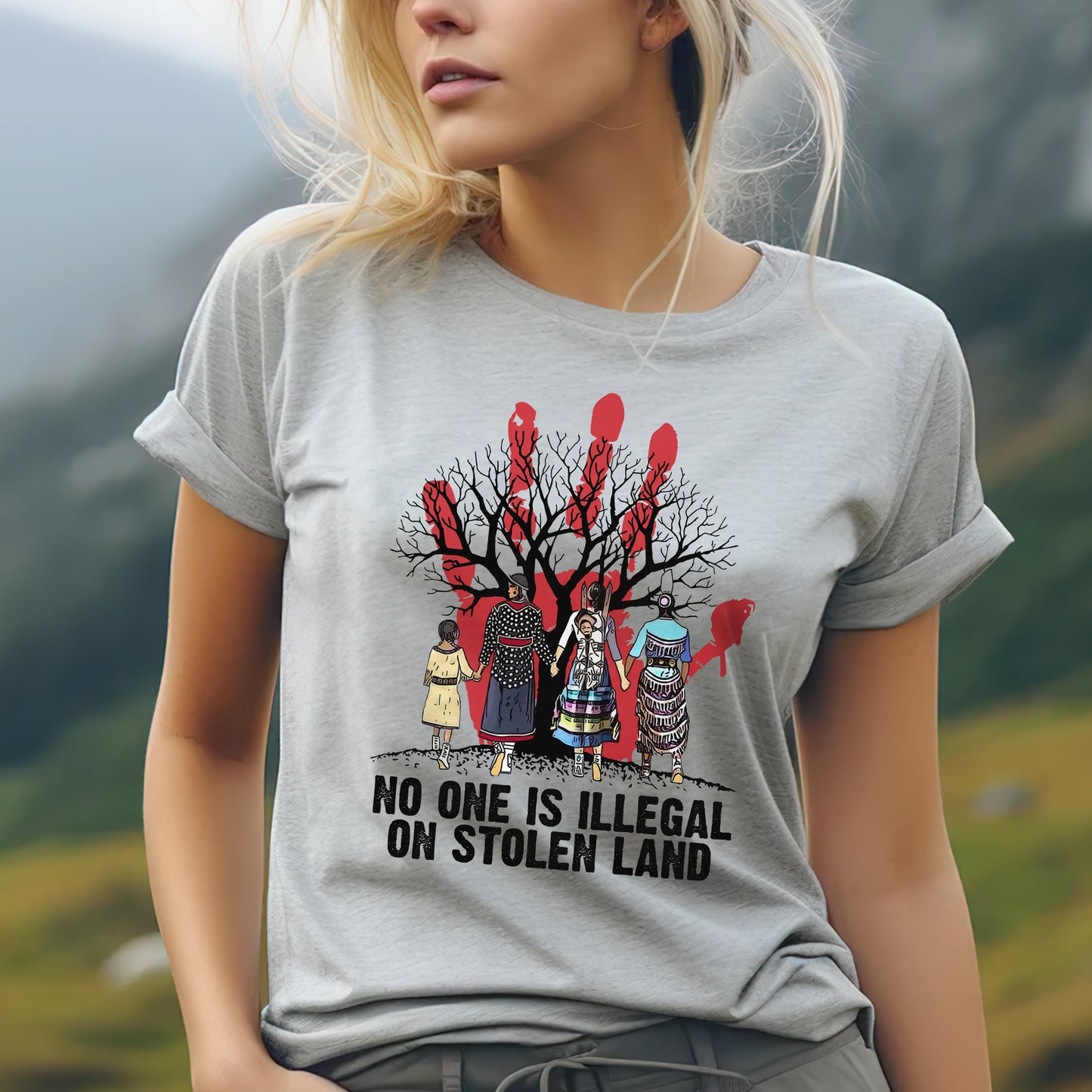 Red Handprint Awareness - No One Is Illegal on Stolen Land Unisex T-Shirt/T-Shirt V-Neck/Hoodie/Sweatshirt