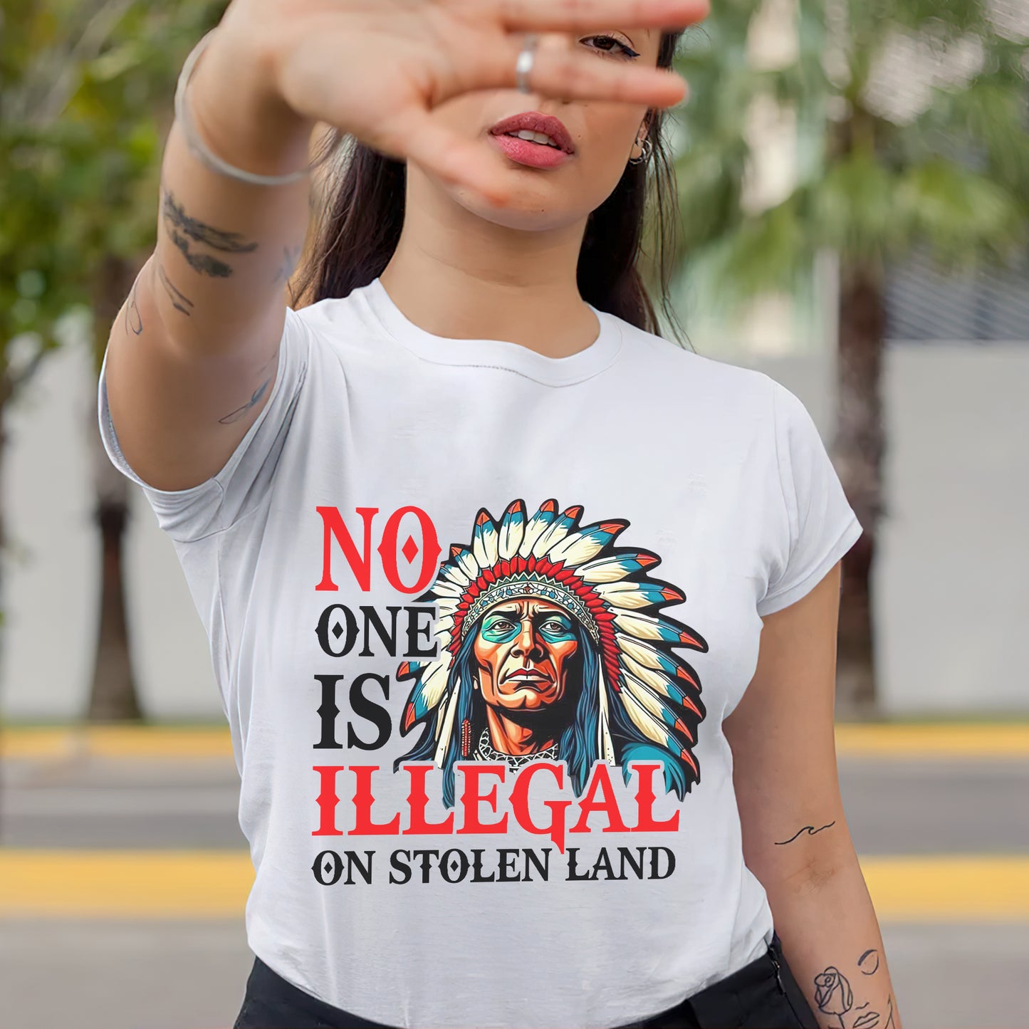 No One Is Illegal On Stolen Land. We Walk On Native Land Style 7 - One Side Unisex T-Shirt/T-Shirt V-Neck/Hoodie/Sweatshirt