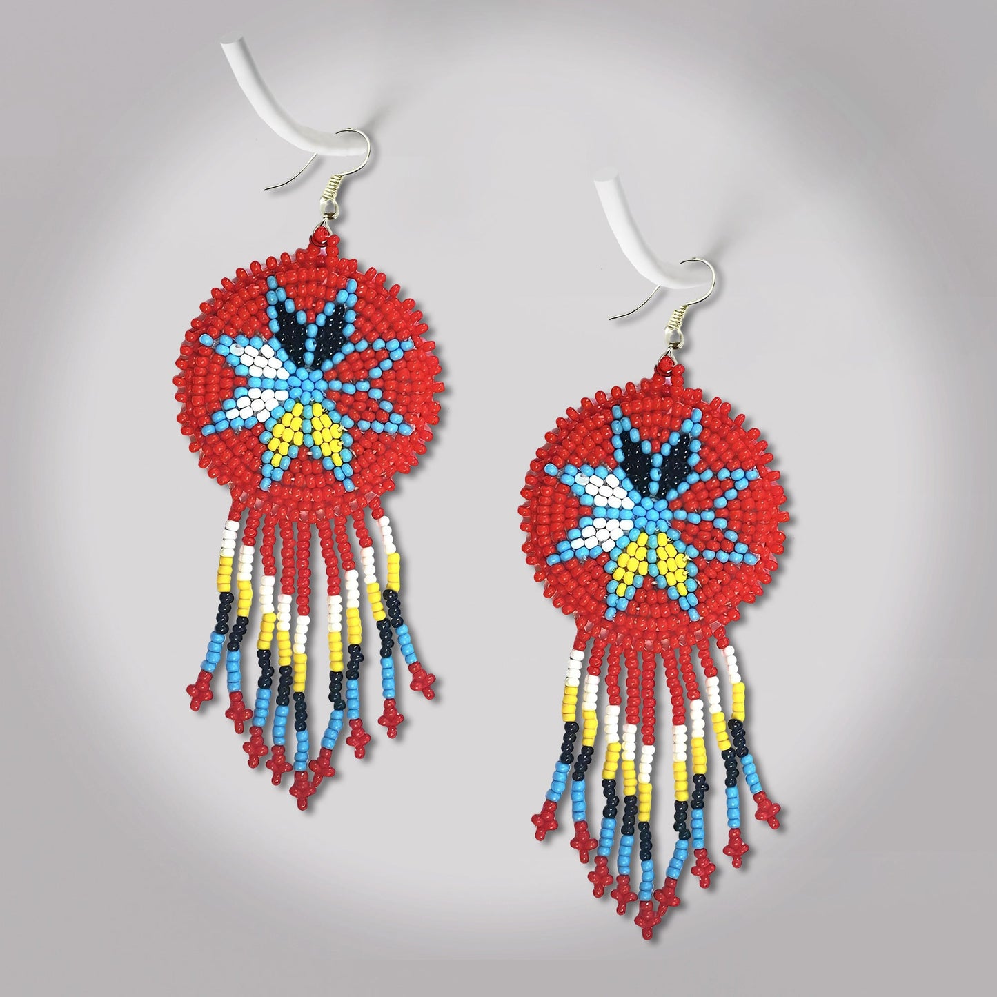 Red 4 Directions Round Fringe Beaded Handmade Earrings For Women