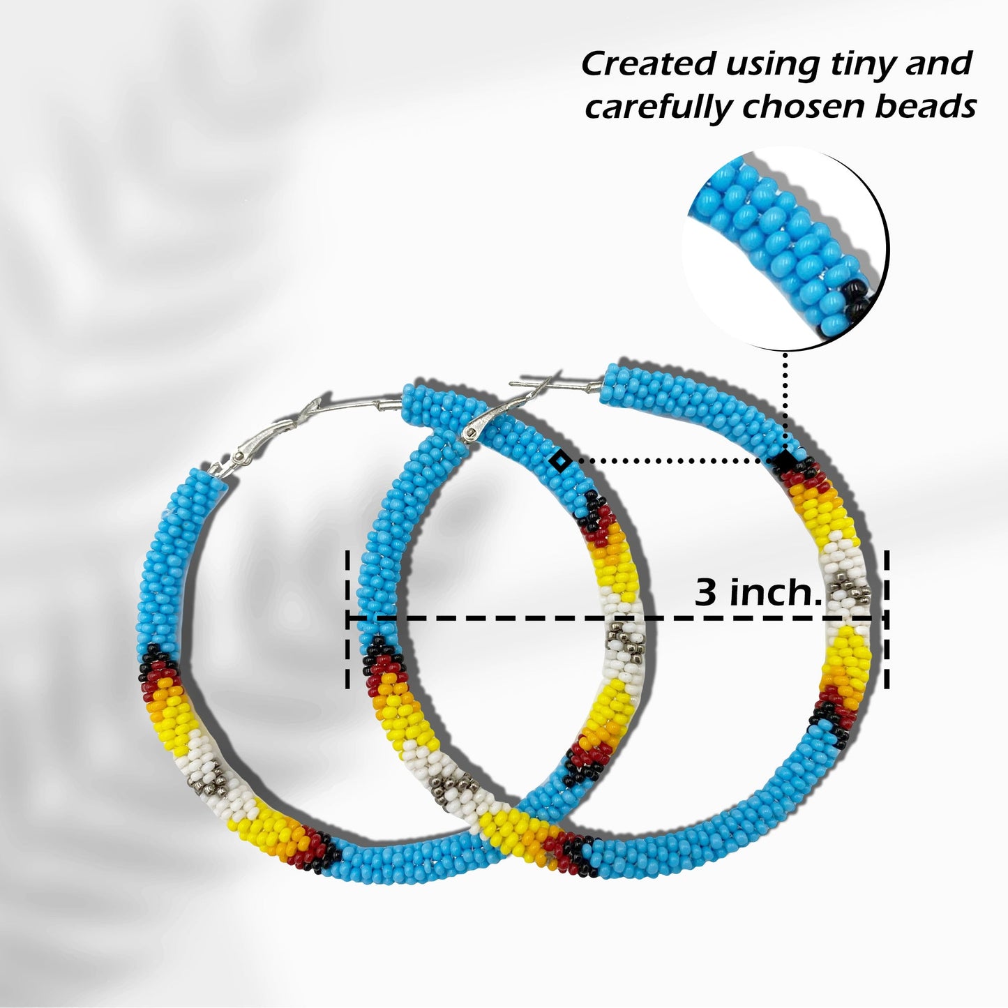 Handmade Cyan Blue 3-Inch Hoop Beaded Earrings for Women