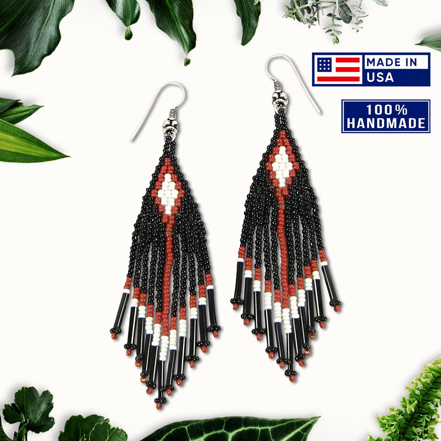 Black Seed Bead Pattern Beaded Handmade Earrings For Women