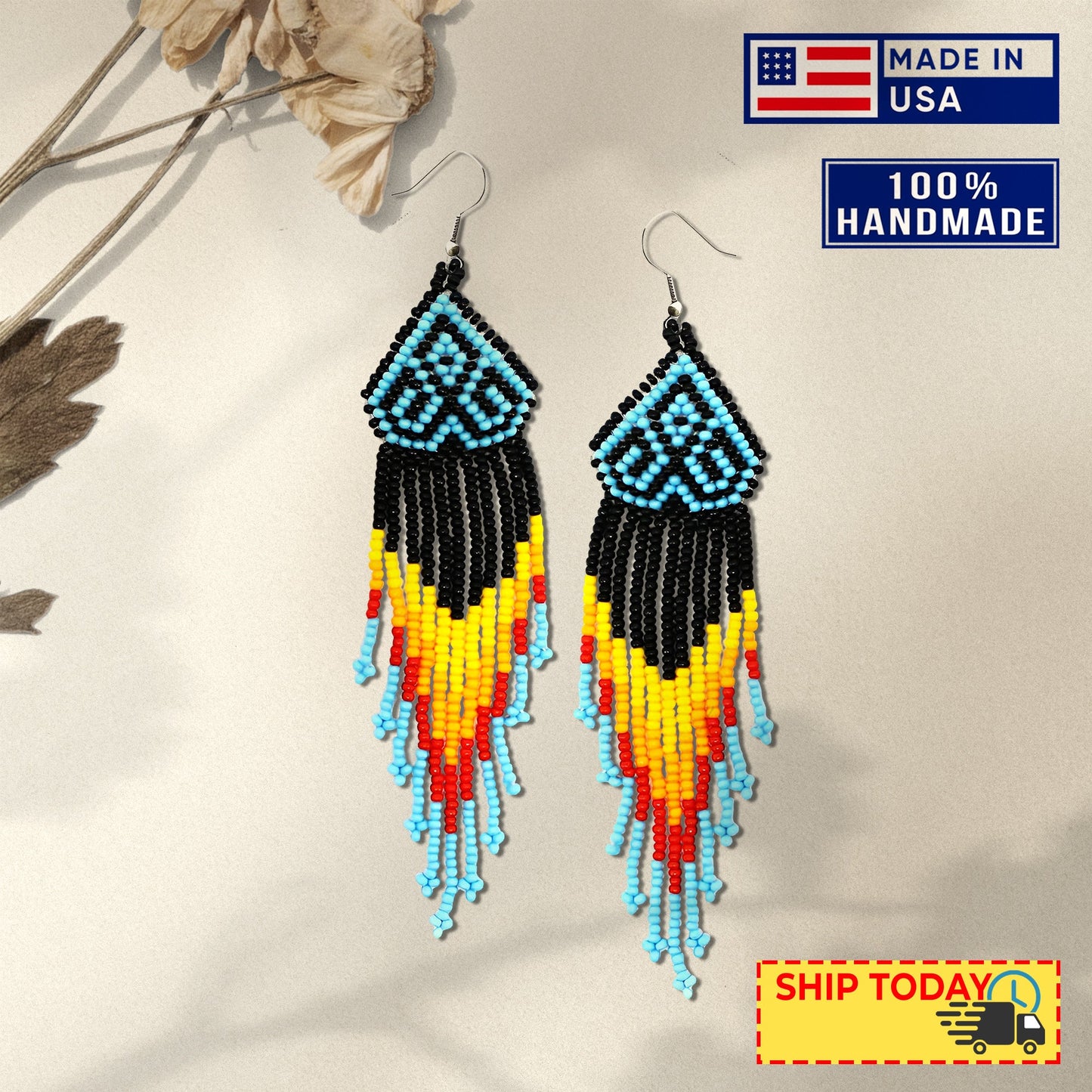 Black Multicolored Long Pattern Beaded Handmade Earrings For Women
