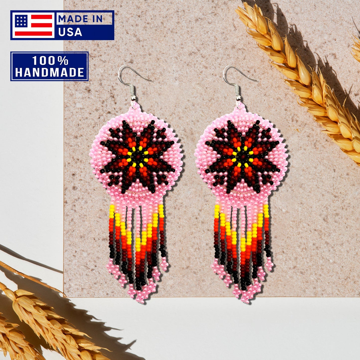 Pink Fire Color Round Beaded Handmade Earrings For Women
