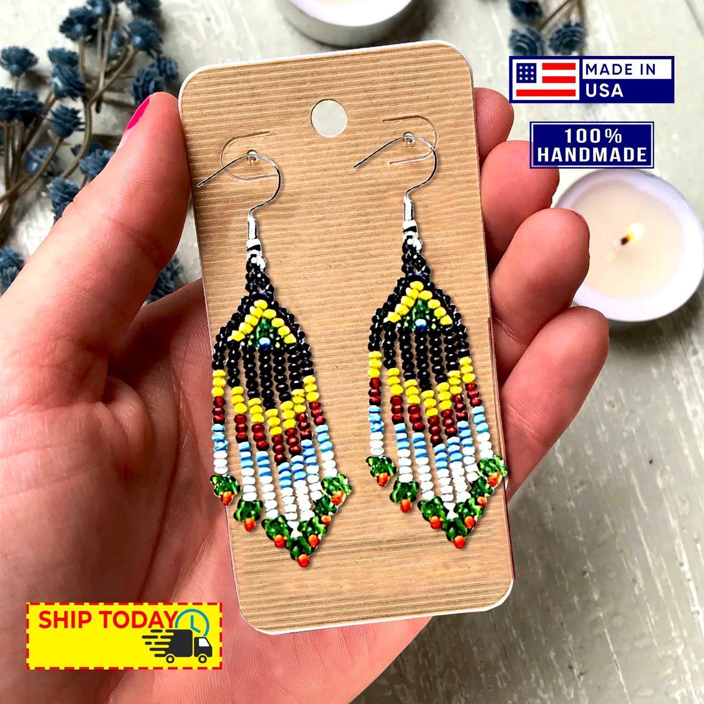 Black Yellow Seed Bead Long Star Medallion Handmade Necklace Earrings Set