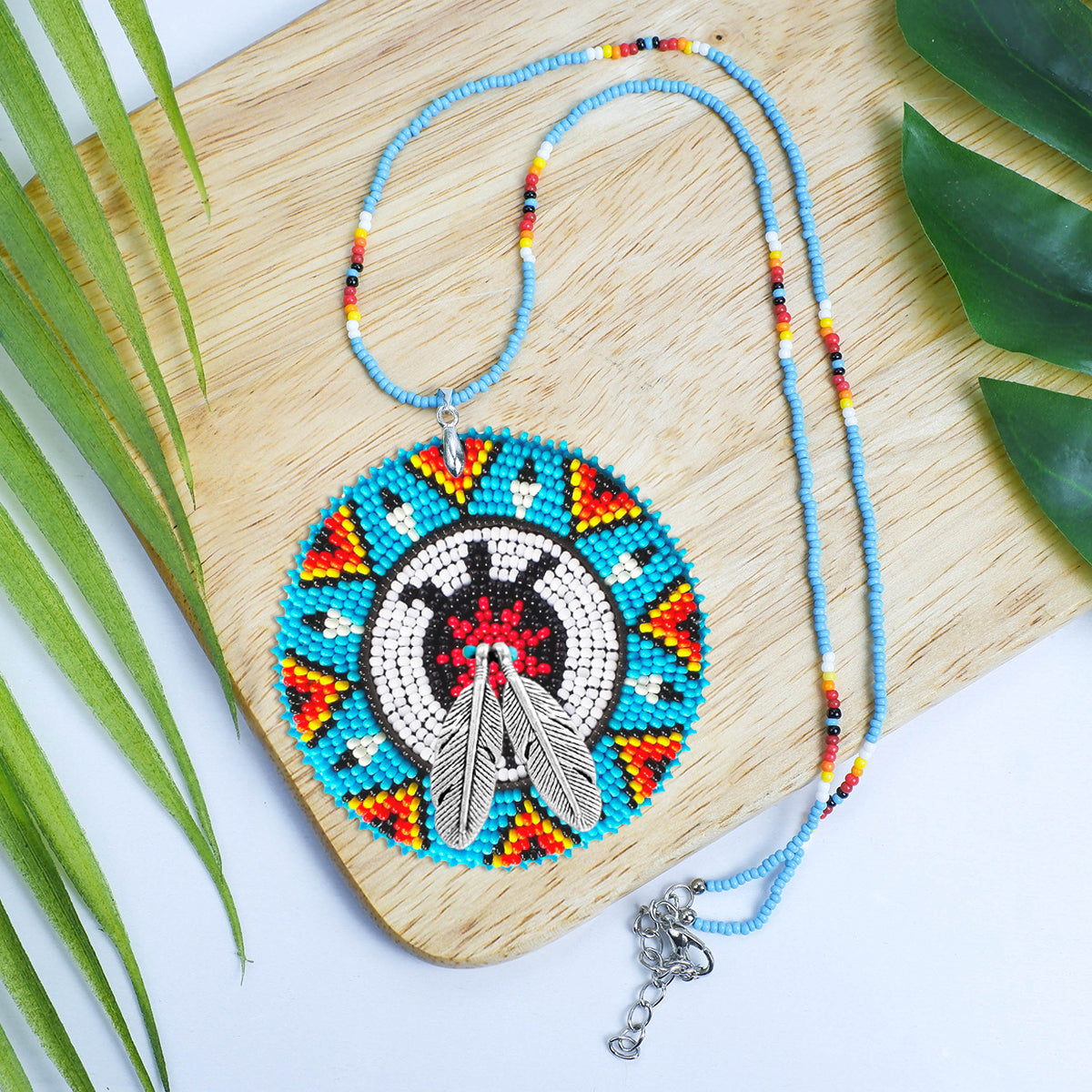Blue Turtle Feather Handmade Beaded Wire Necklace Pendant Unisex With Native American Style
