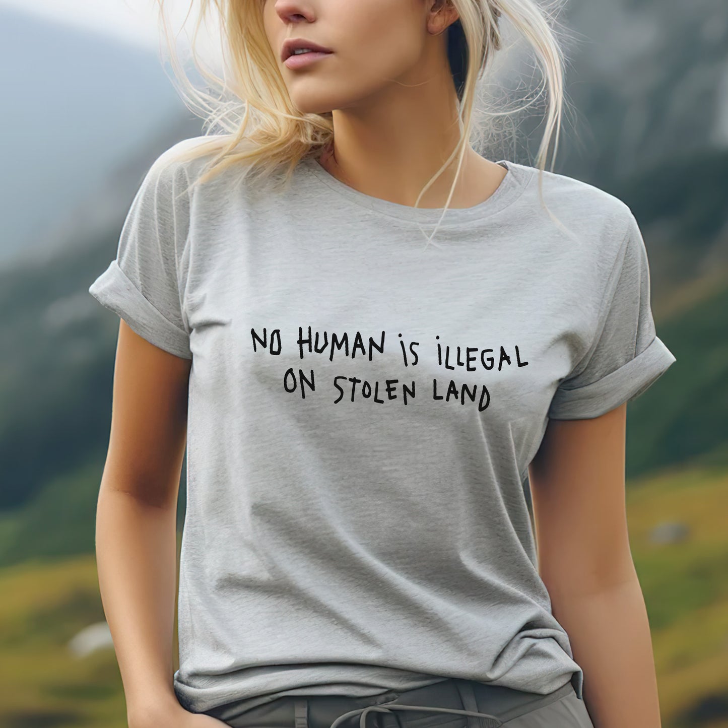 No Human Is Illegal on Stolen Land Unisex T-Shirt/T-Shirt V-Neck/Hoodie/Sweatshirt - Support for Indigenous Rights, Immigrant Justice