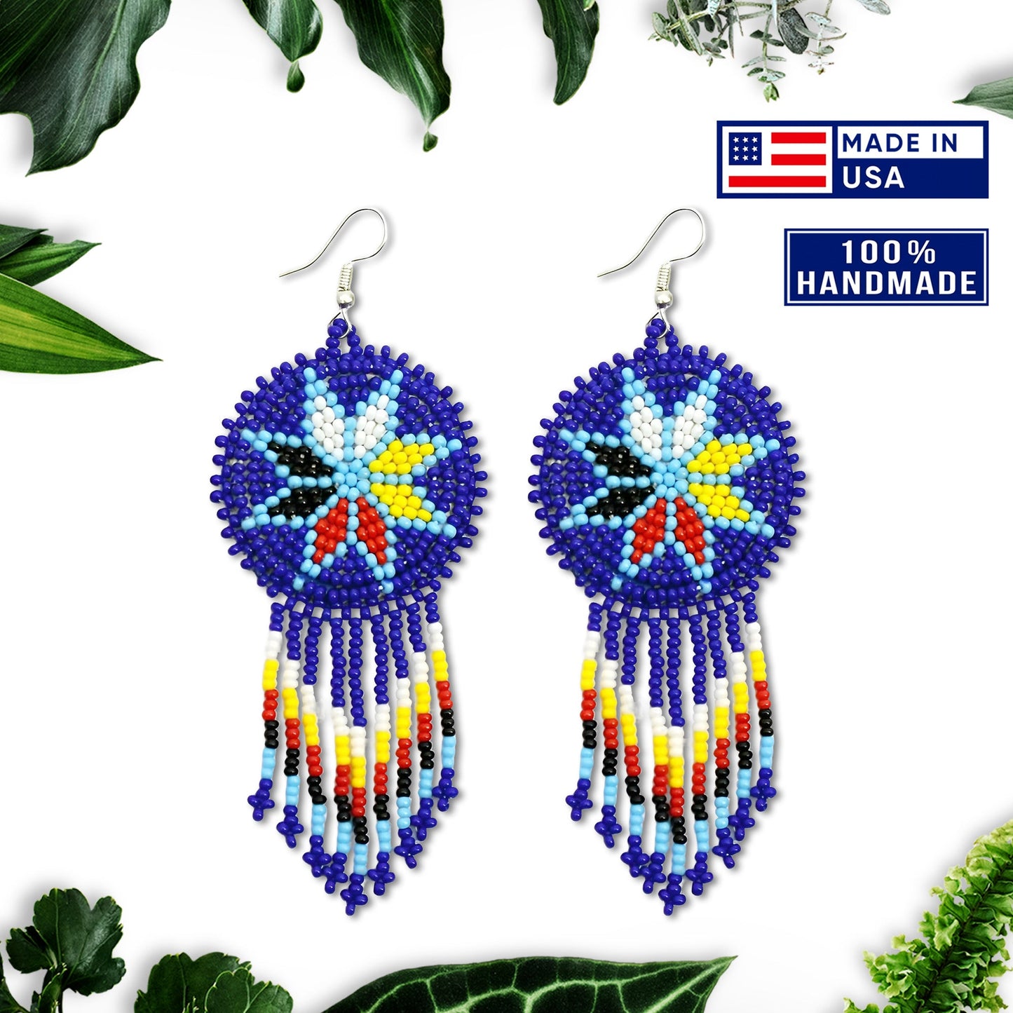 Blue 4 Directions Flower Round Beaded Handmade Earrings For Women