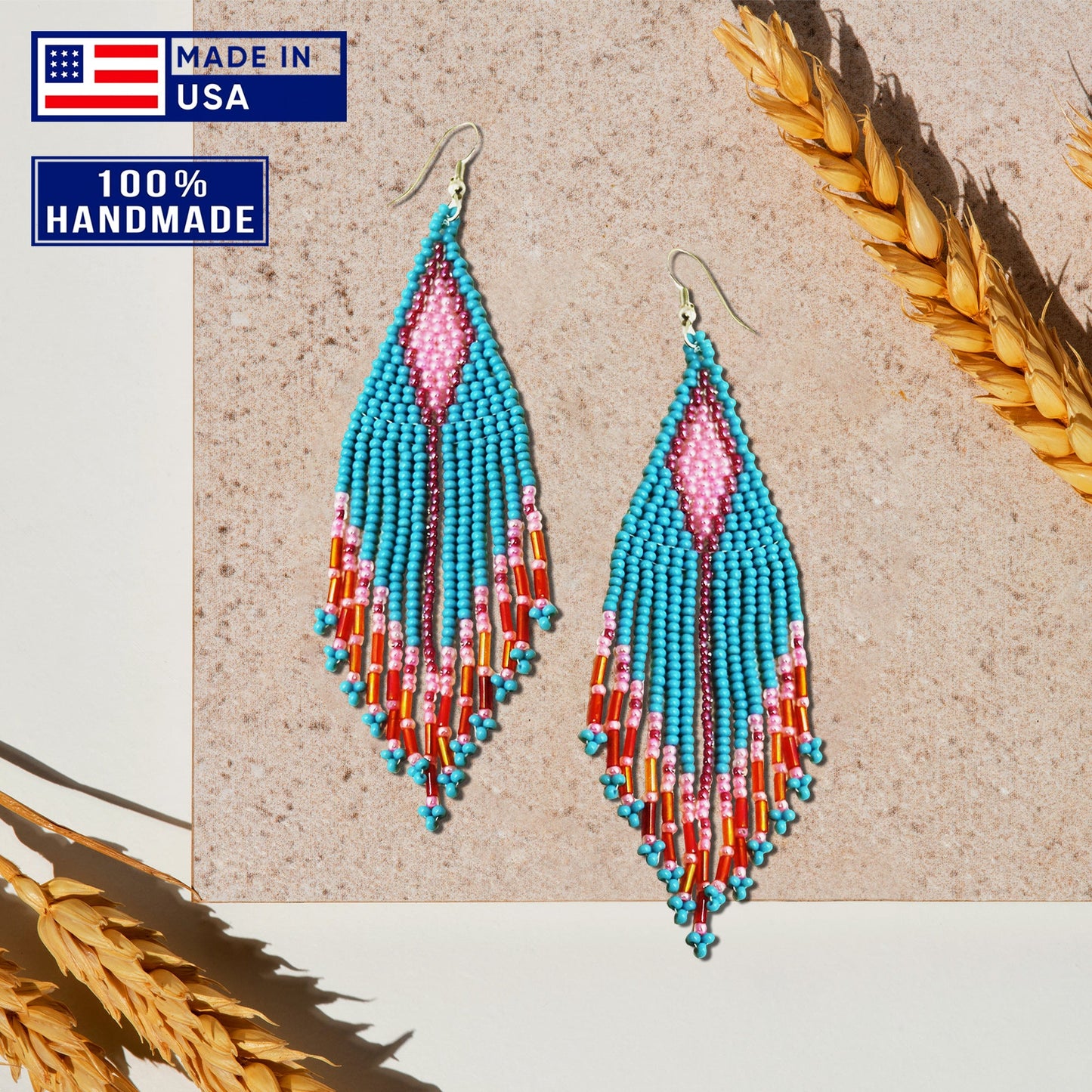 Turquoise Blue Seed Pattern Beaded Handmade Earrings For Women