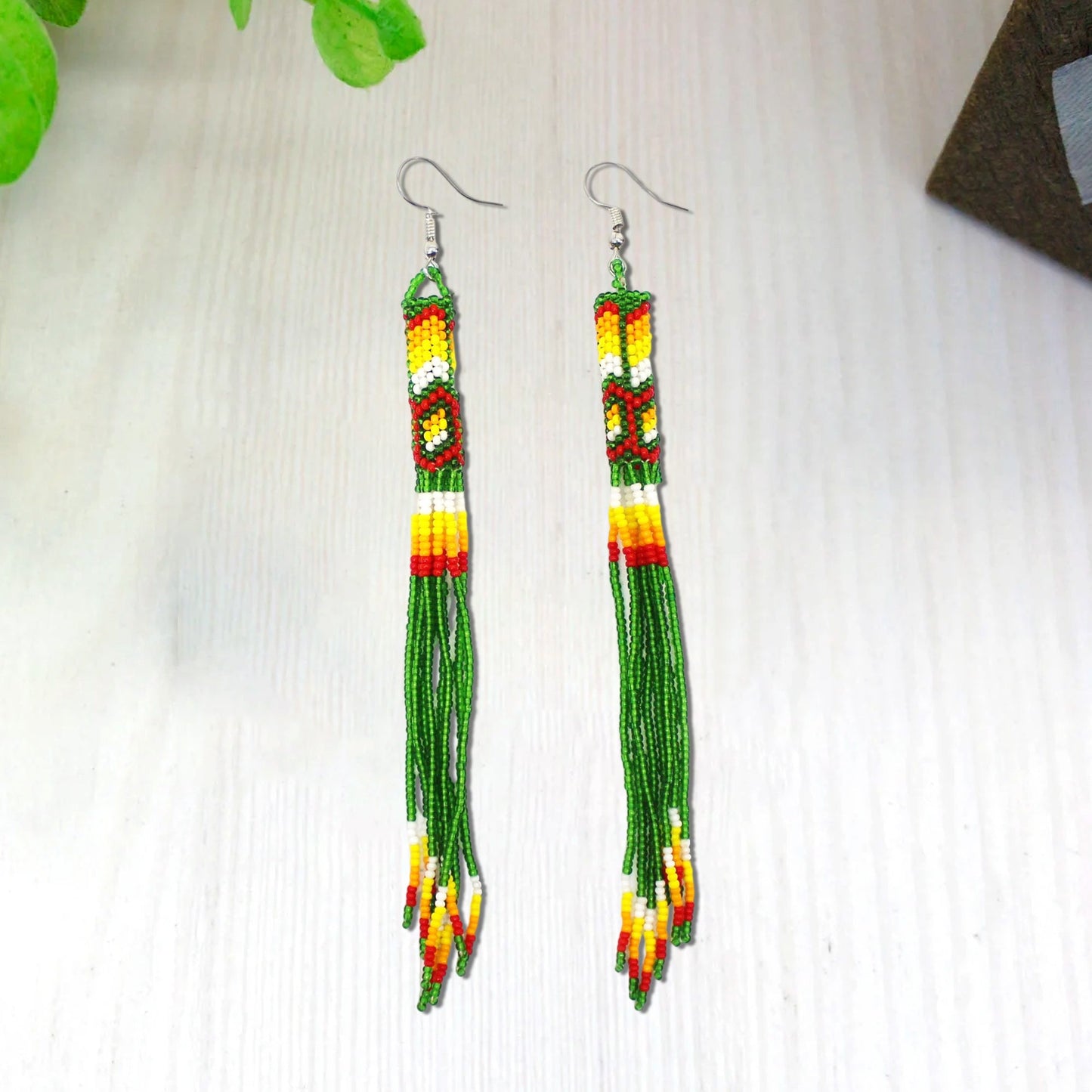 Green Extra Long Beaded Handmade Earrings For Women