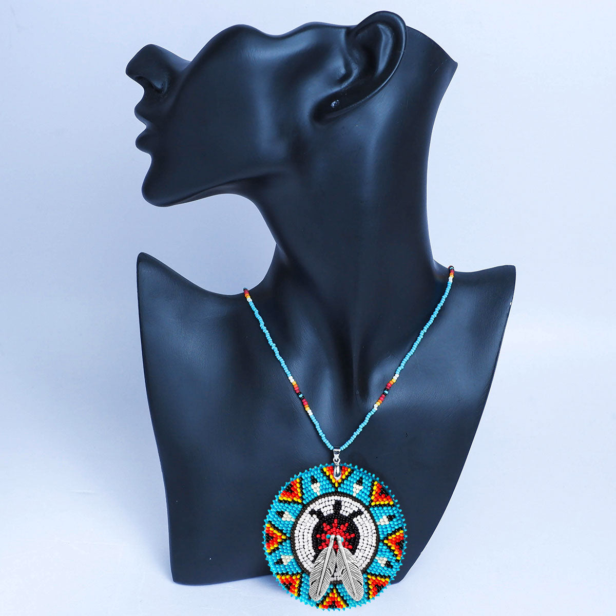 Blue Turtle Feather Handmade Beaded Wire Necklace Pendant Unisex With Native American Style