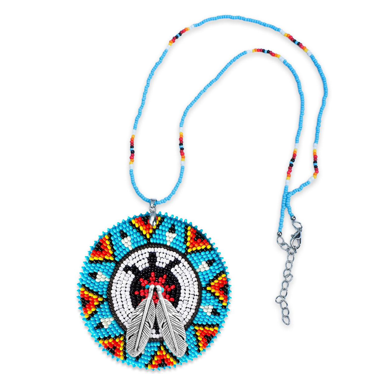 Blue Turtle Feather Handmade Beaded Wire Necklace Pendant Unisex With Native American Style