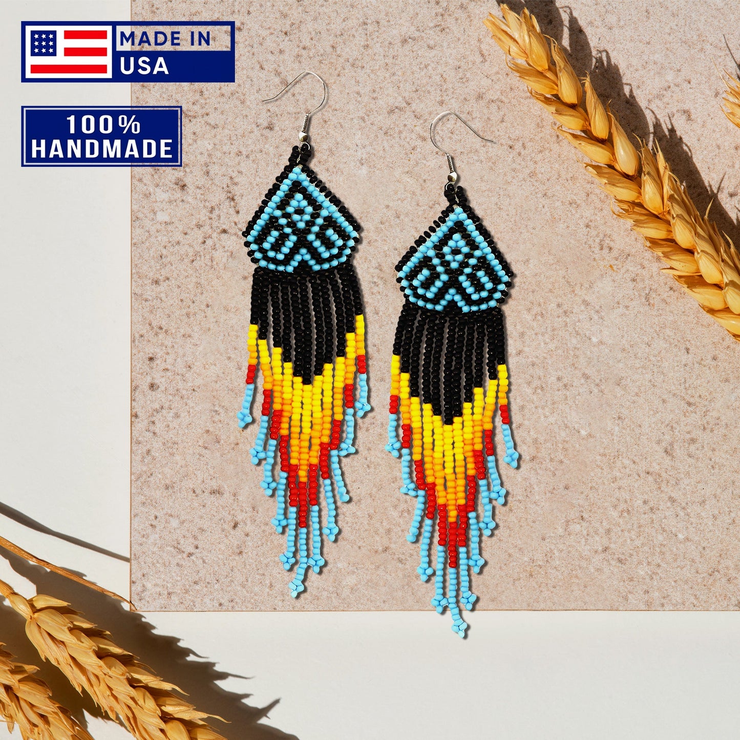 Black Multicolored Long Pattern Beaded Handmade Earrings For Women