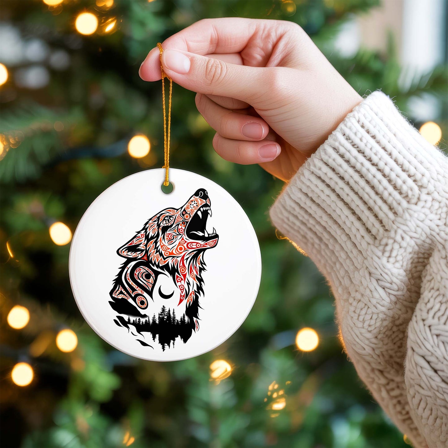 Native Wolf Ceramic Ornament - Indigenous Tribal Art for Holiday Decor
