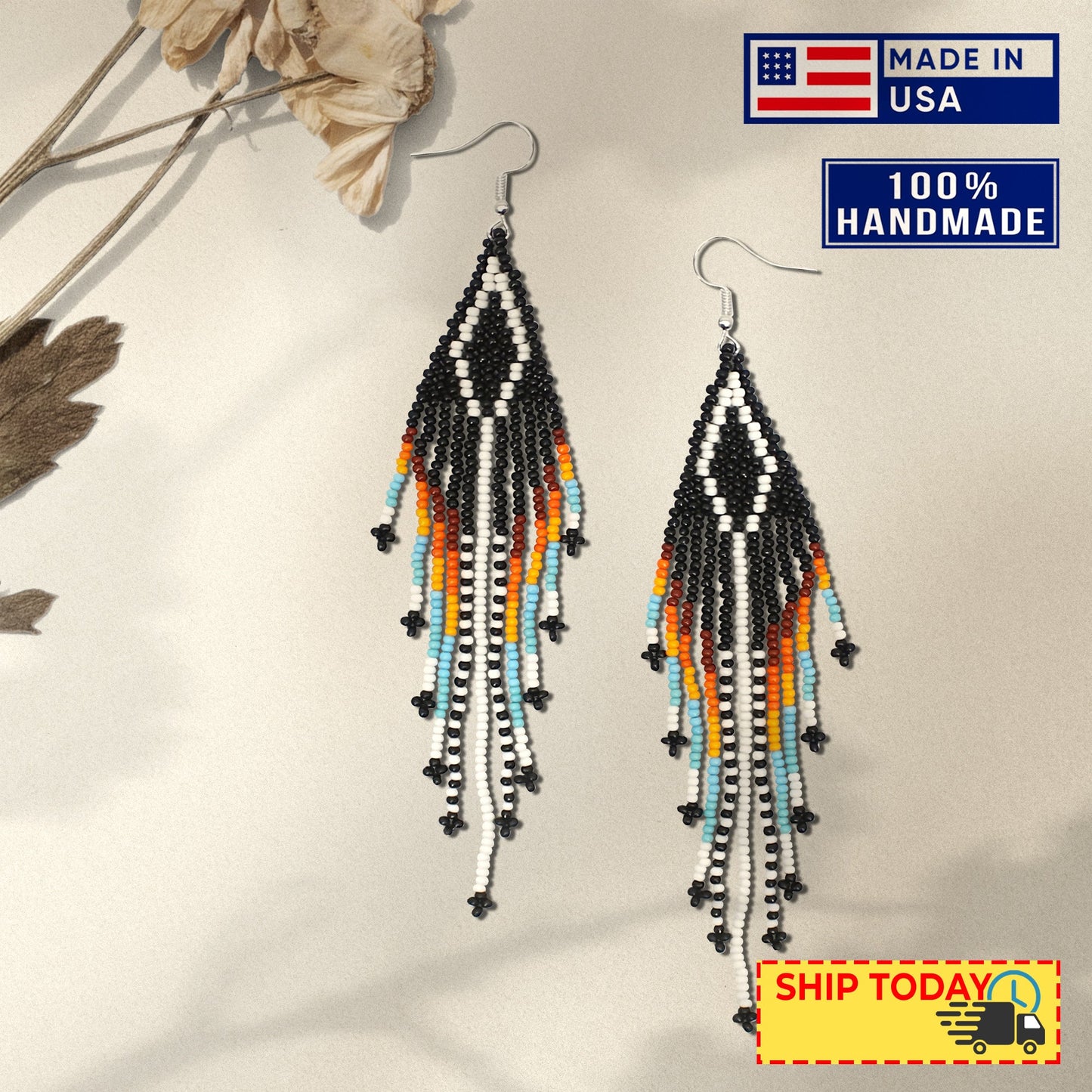Black Multi-Color Hook Pattern Beaded Handmade Earrings For Women