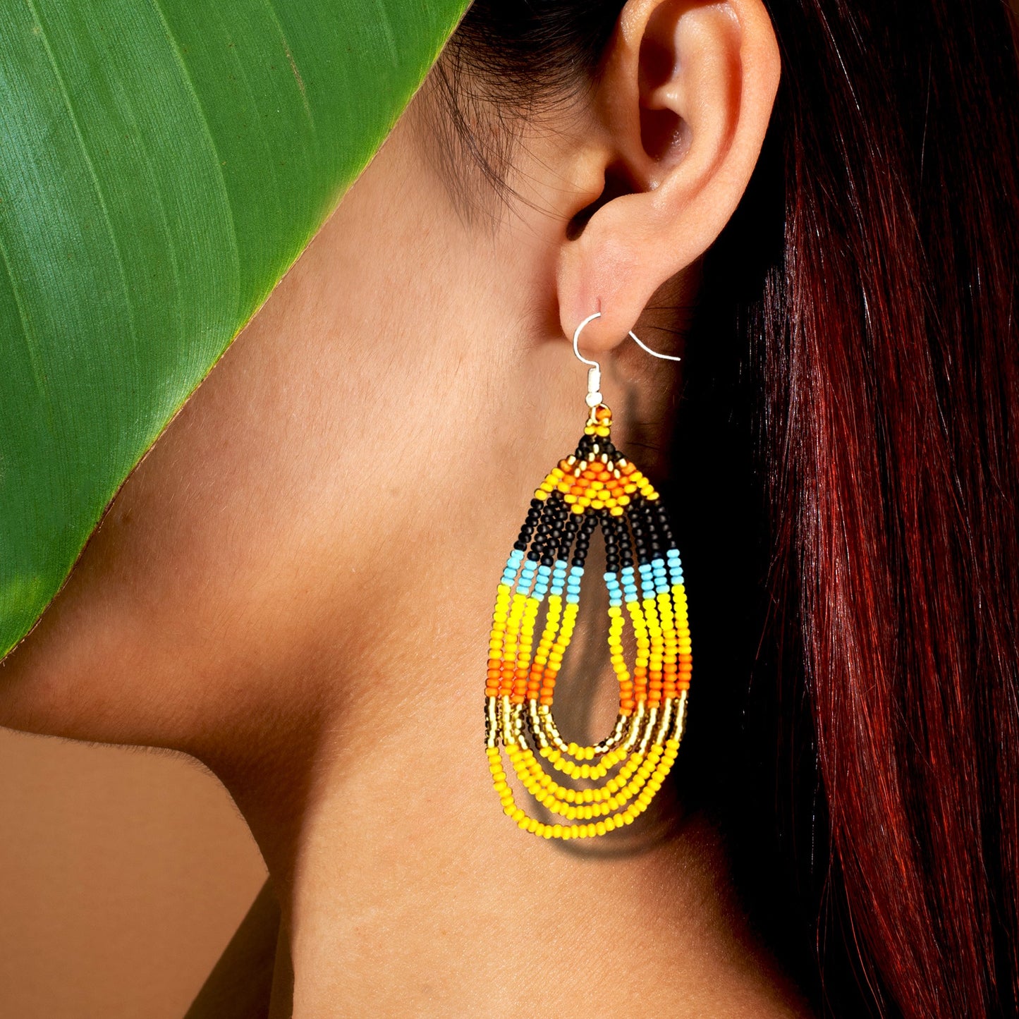 Orange Black Fire Seed Beaded Necklace Earrings Bear Paw Beadwork