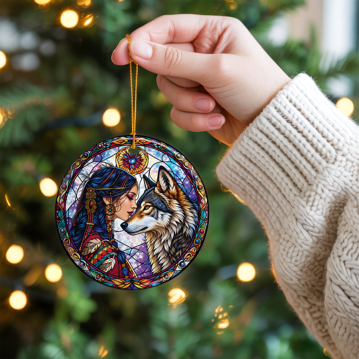 Wolf And Woman Stained Glass Ceramic Christmas Ornament Holiday Decor
