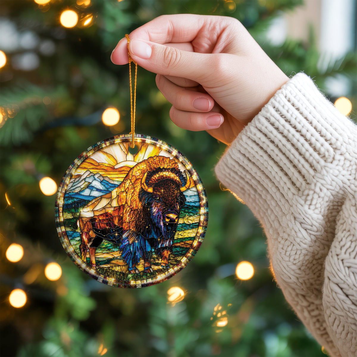 American Bison Ceramic Ornament - Stained Glass Design