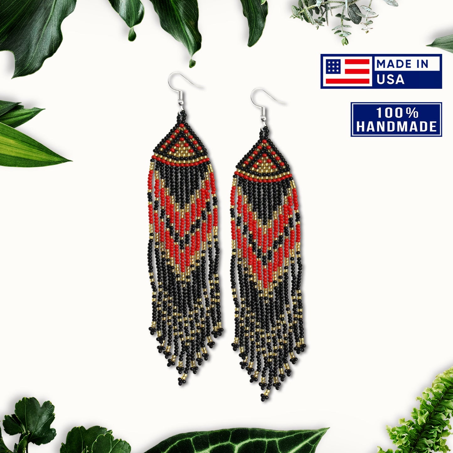 Red Black Long Beaded Handmade Earrings For Women