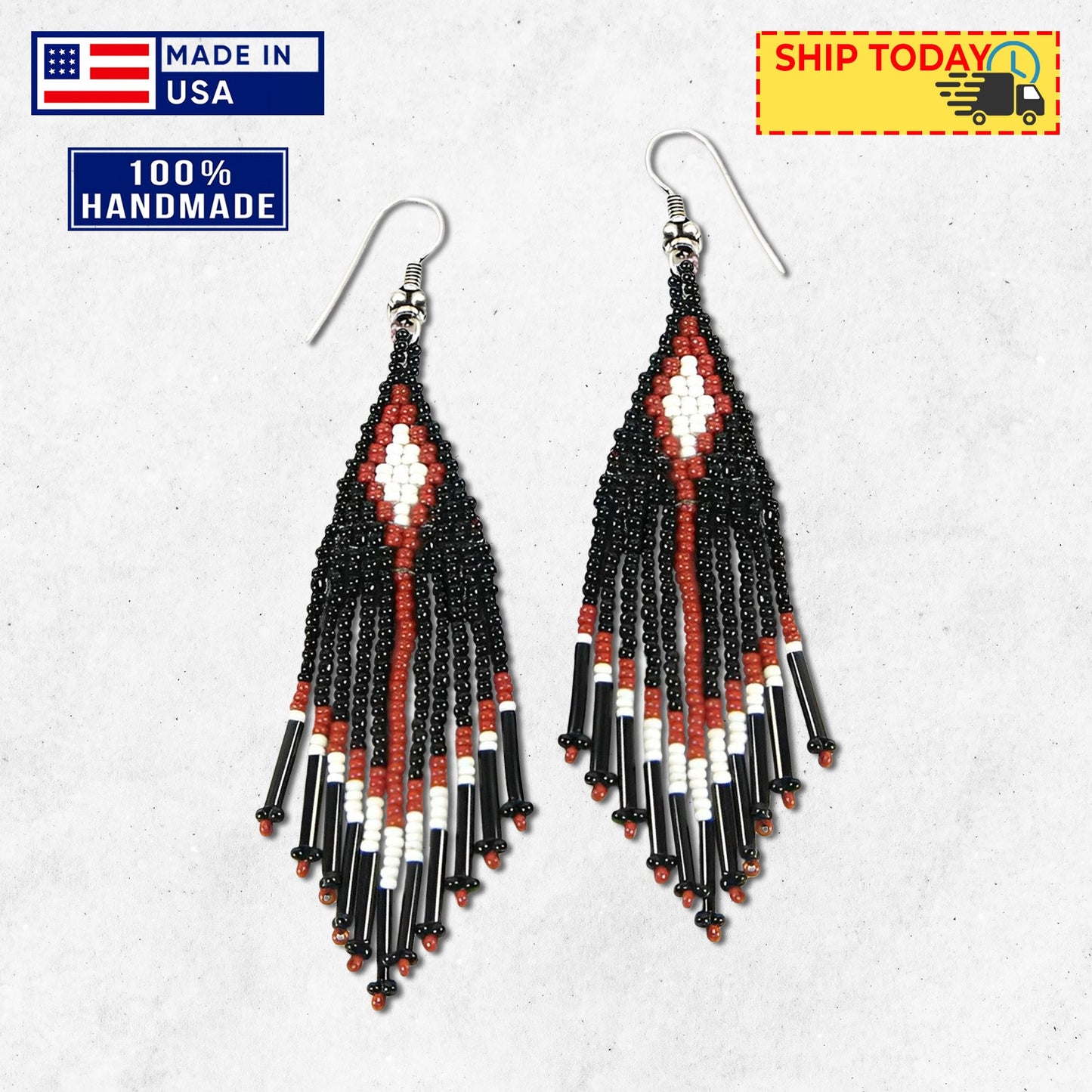 Black Seed Bead Pattern Beaded Handmade Earrings For Women
