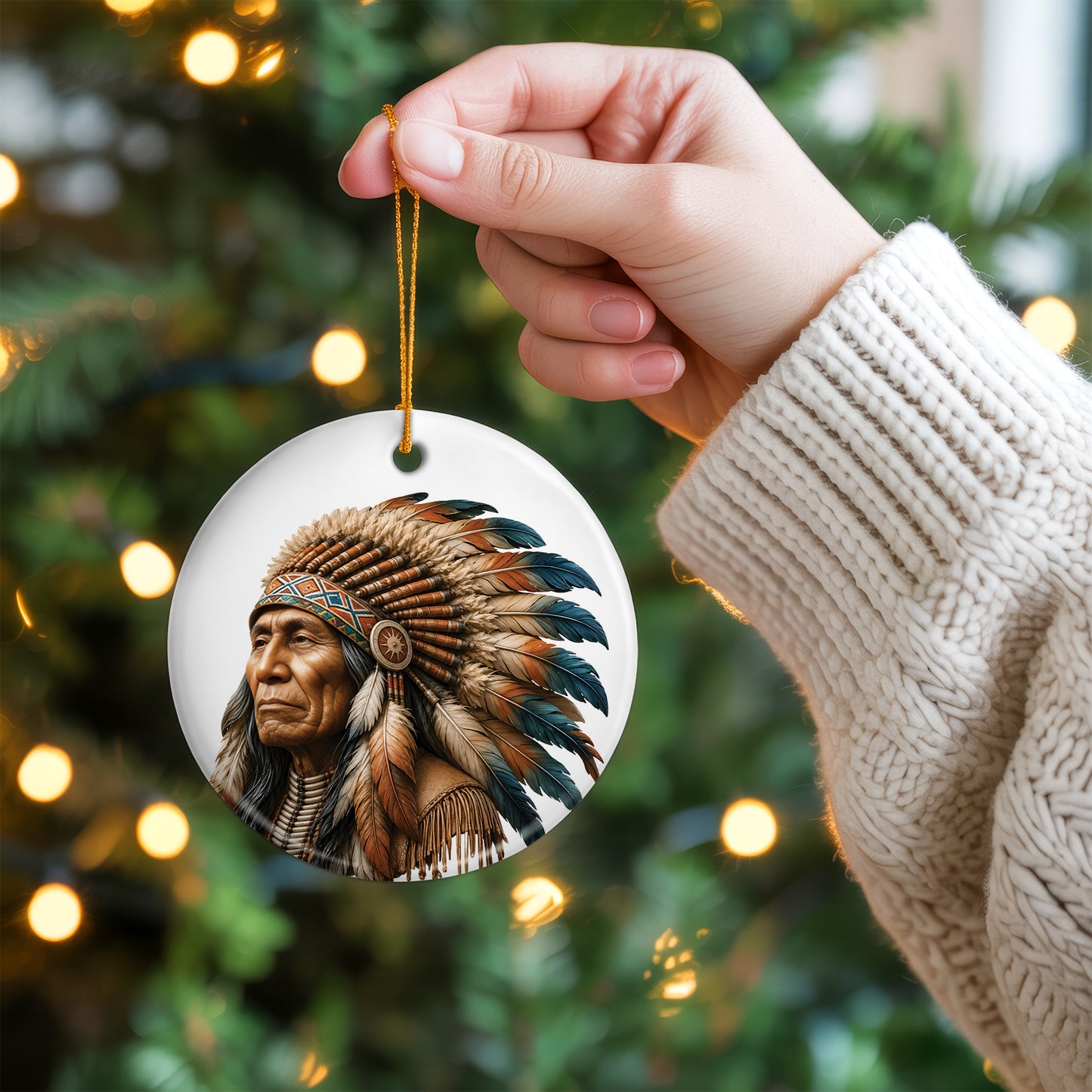 Native American Chief Portrait Christmas Ornament – Tribal Heritage Ceramic Holiday Tree Decoration