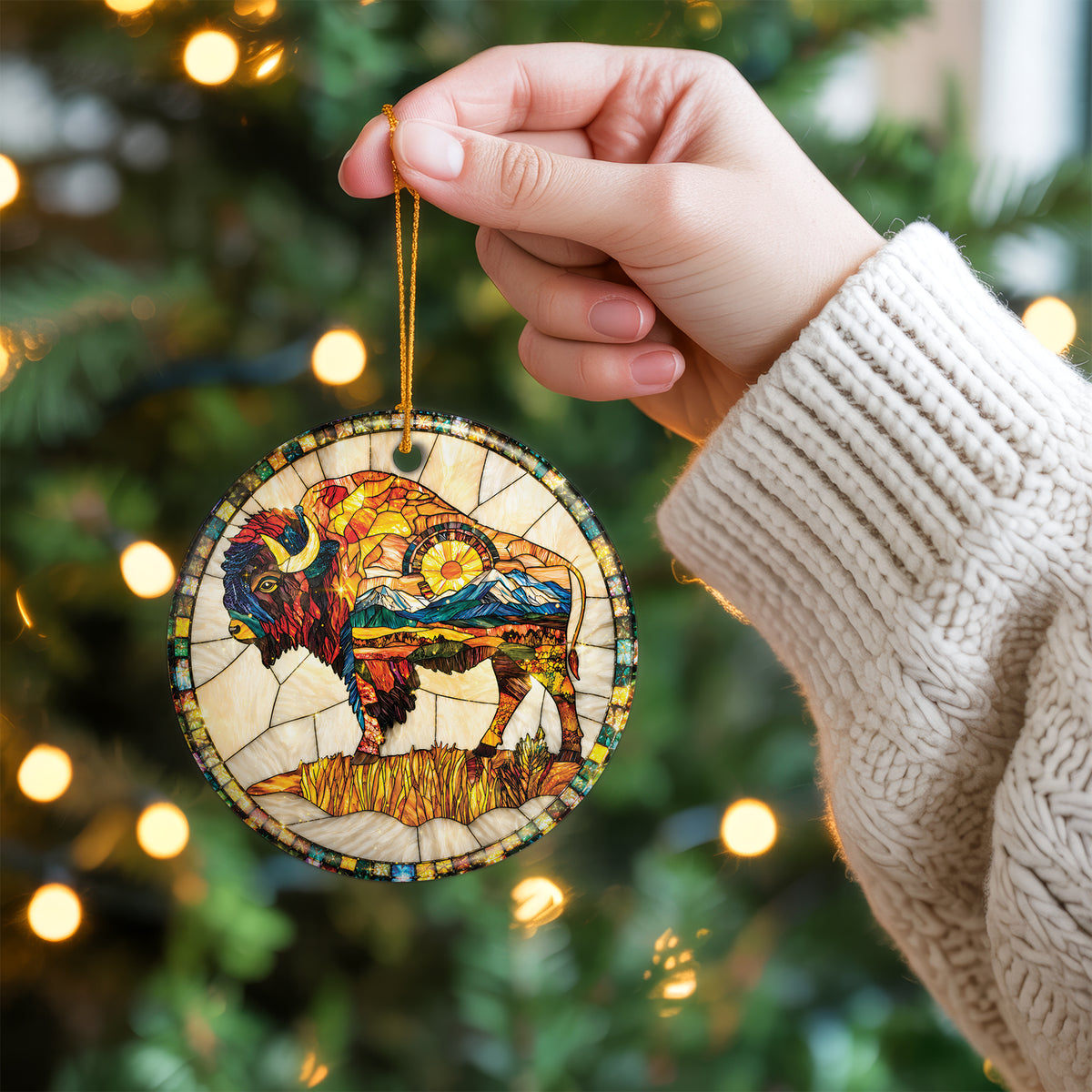 American Bison Ceramic Ornament – Stained Glass Mountain Design