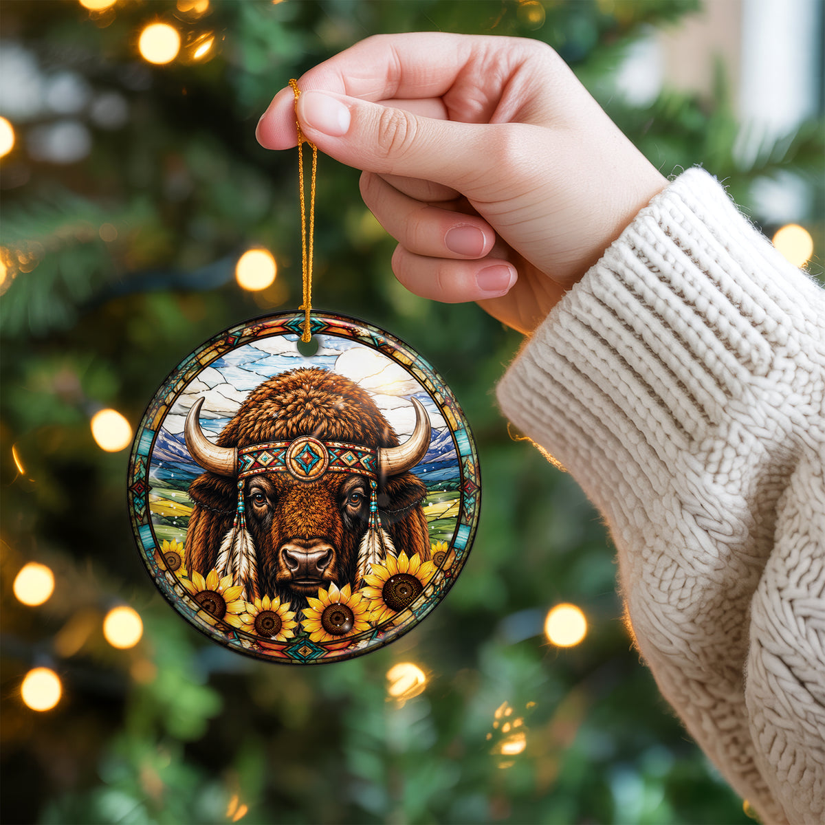 American Bison Ceramic Ornament - Stained Glass Sunflower Design