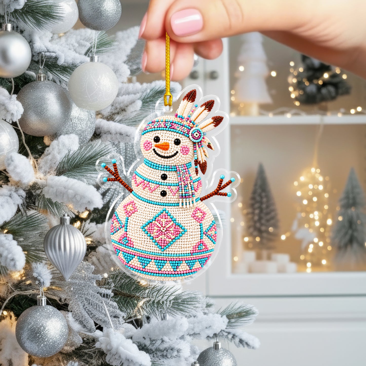 Native Snowman Christmas Acrylic Ornament, Beaded Style Decor