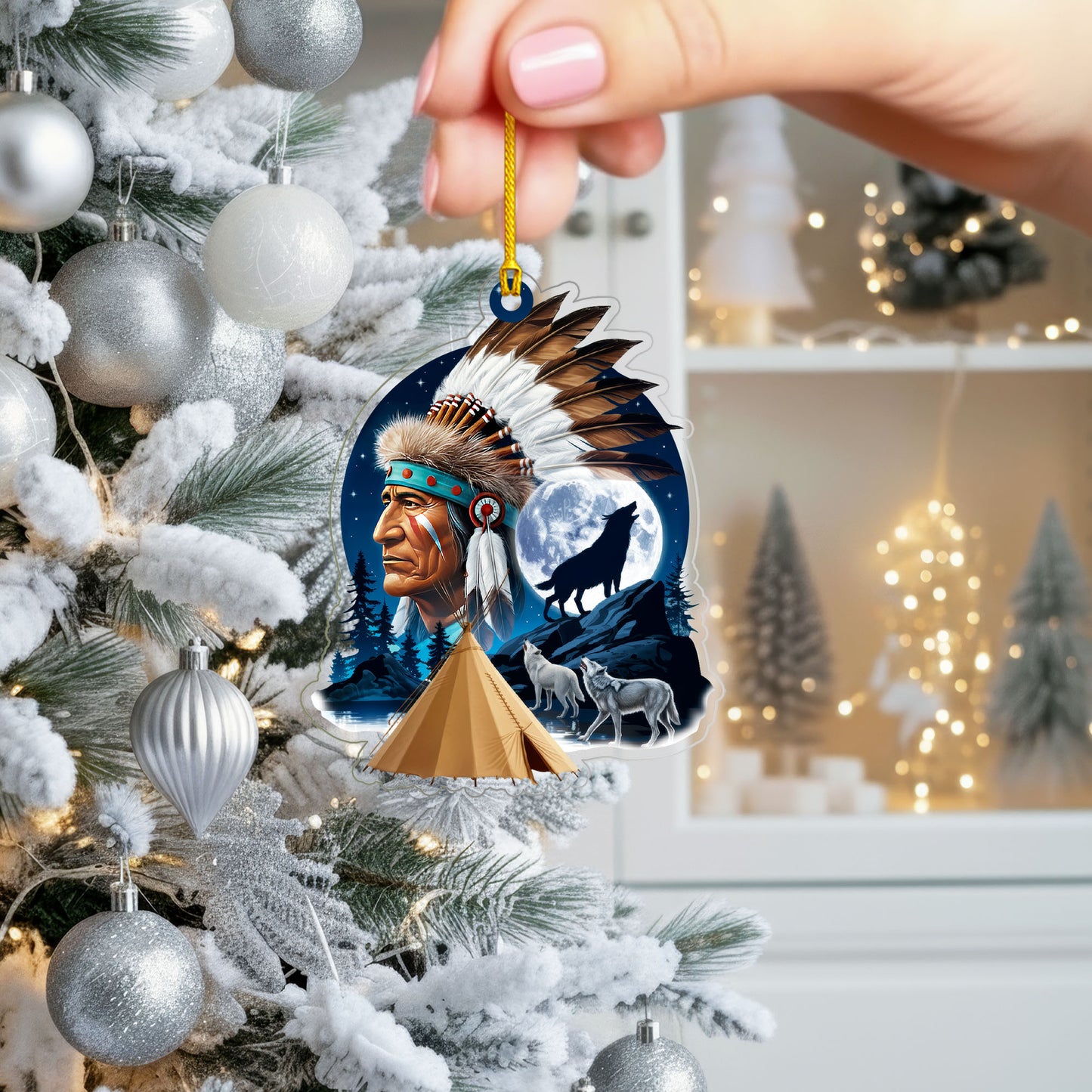 Native American Chief & Wolves Under Full Moon - Tribal Christmas Tree Decor Flat Acrylic