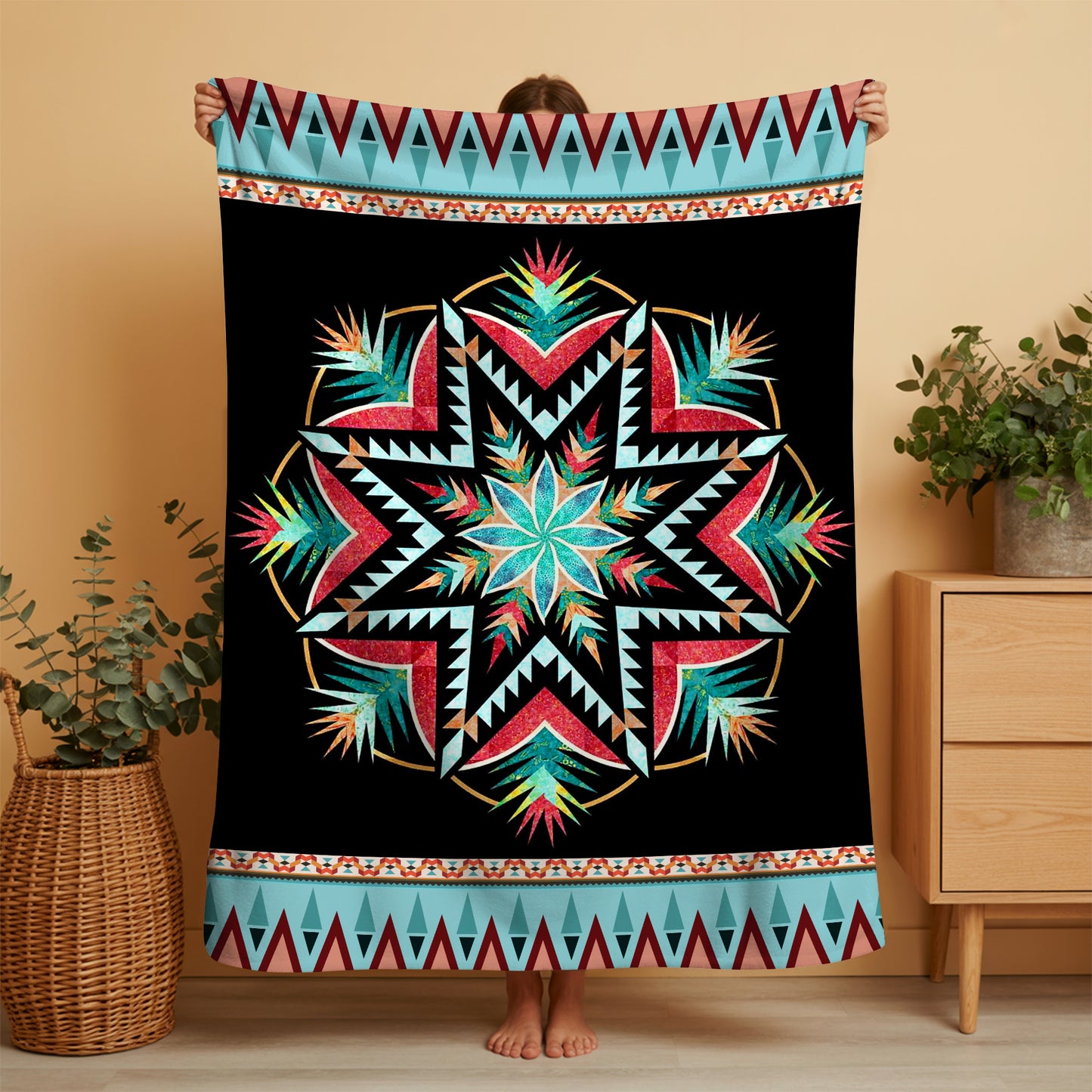 Sacred Star Navajo-Inspired Blanket - Vibrant Tribal Pattern on Black