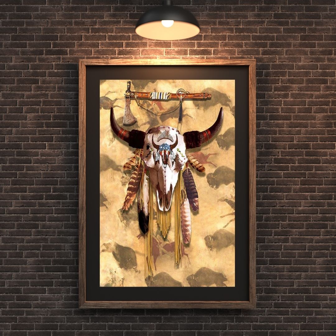 Buffalo Head Skull Feather Mark Poster/Canvas