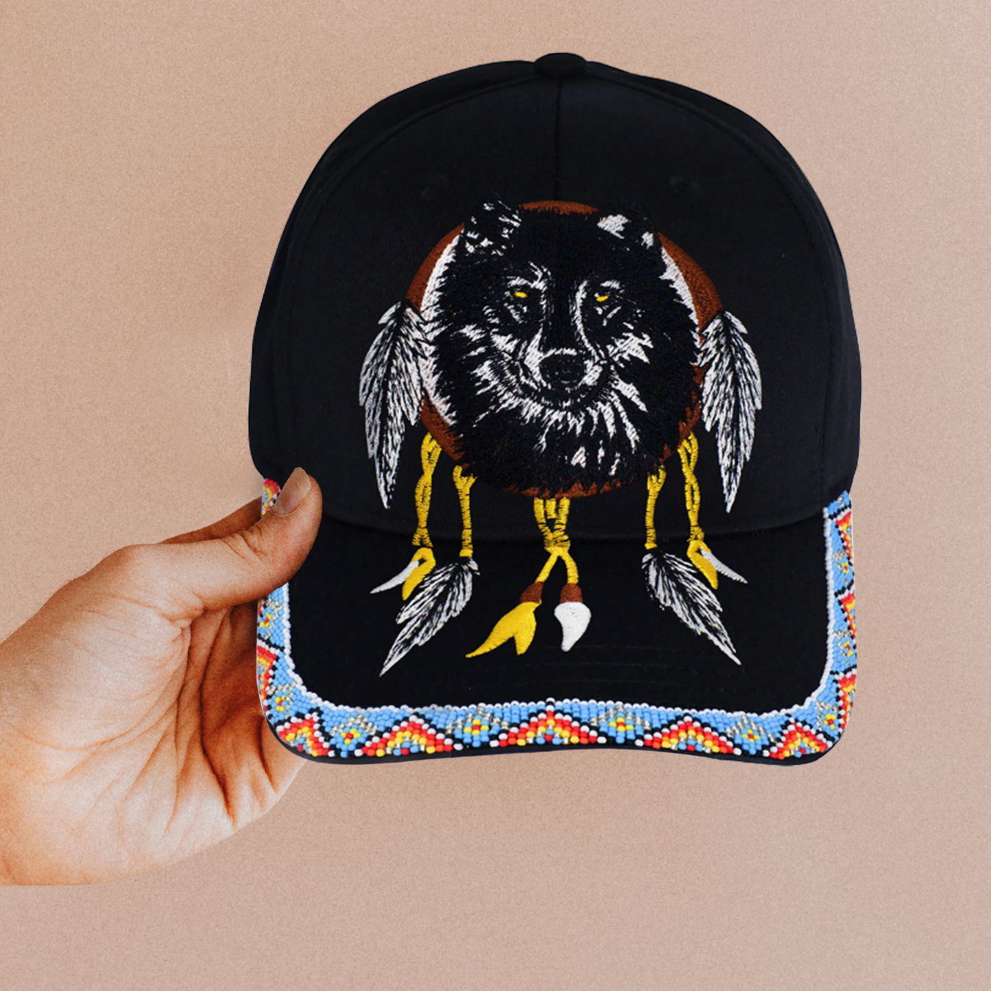 SALE 50% OFF - Wolf Dreamcatcher Embroidered Beaded Baseball Patch with Brim Unisex Native American Style
