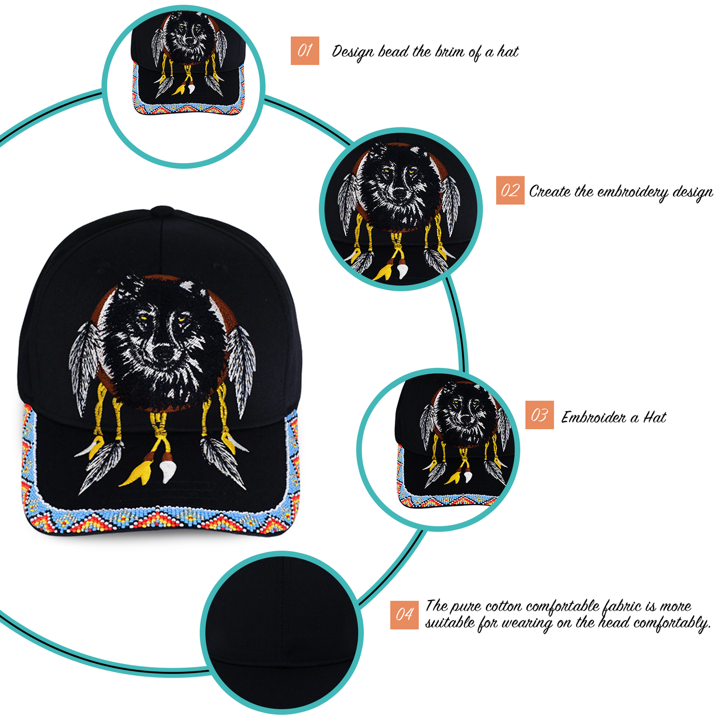 SALE 50% OFF - Wolf Dreamcatcher Embroidered Beaded Baseball Patch with Brim Unisex Native American Style