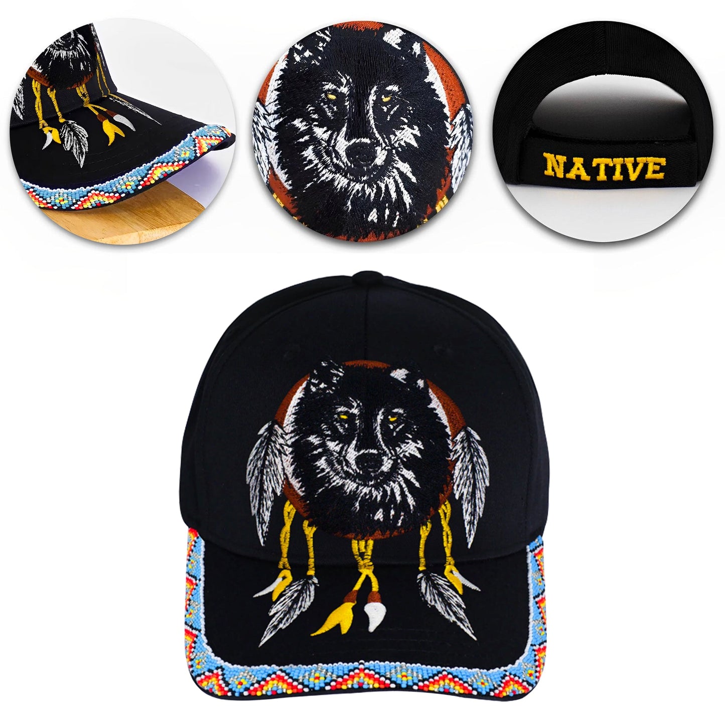 SALE 50% OFF - Wolf Dreamcatcher Embroidered Beaded Baseball Patch with Brim Unisex Native American Style