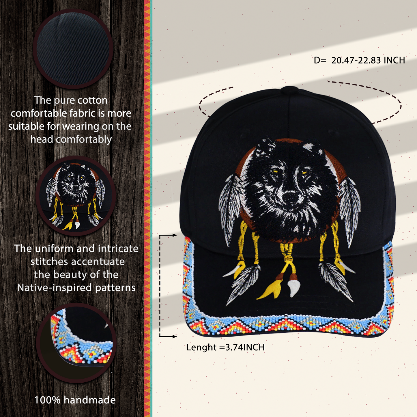SALE 50% OFF - Wolf Dreamcatcher Embroidered Beaded Baseball Patch with Brim Unisex Native American Style