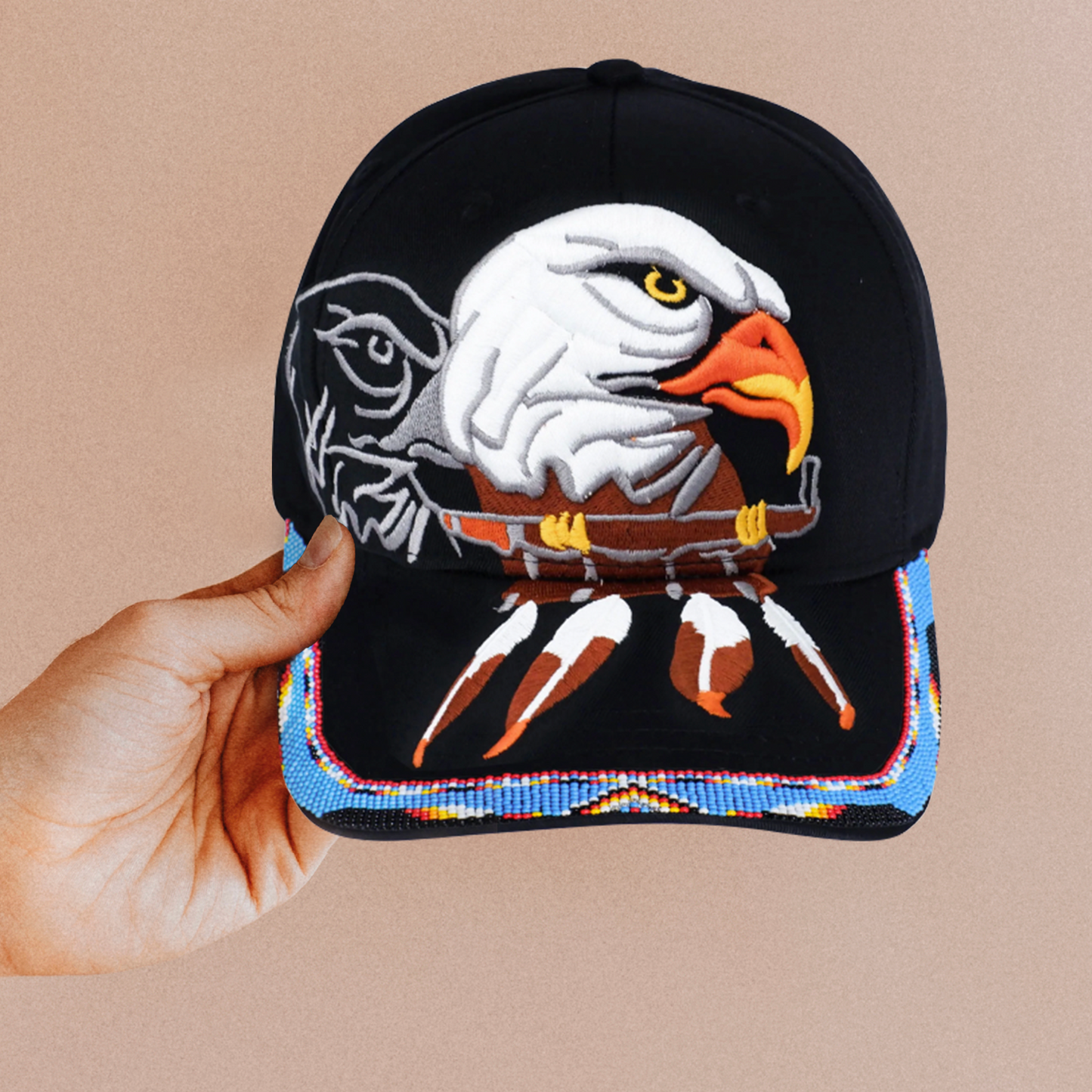 SALE 50% OFF - Eagle With Pipe Embroidered Beaded Baseball Cap With Brim Unisex Native American Style