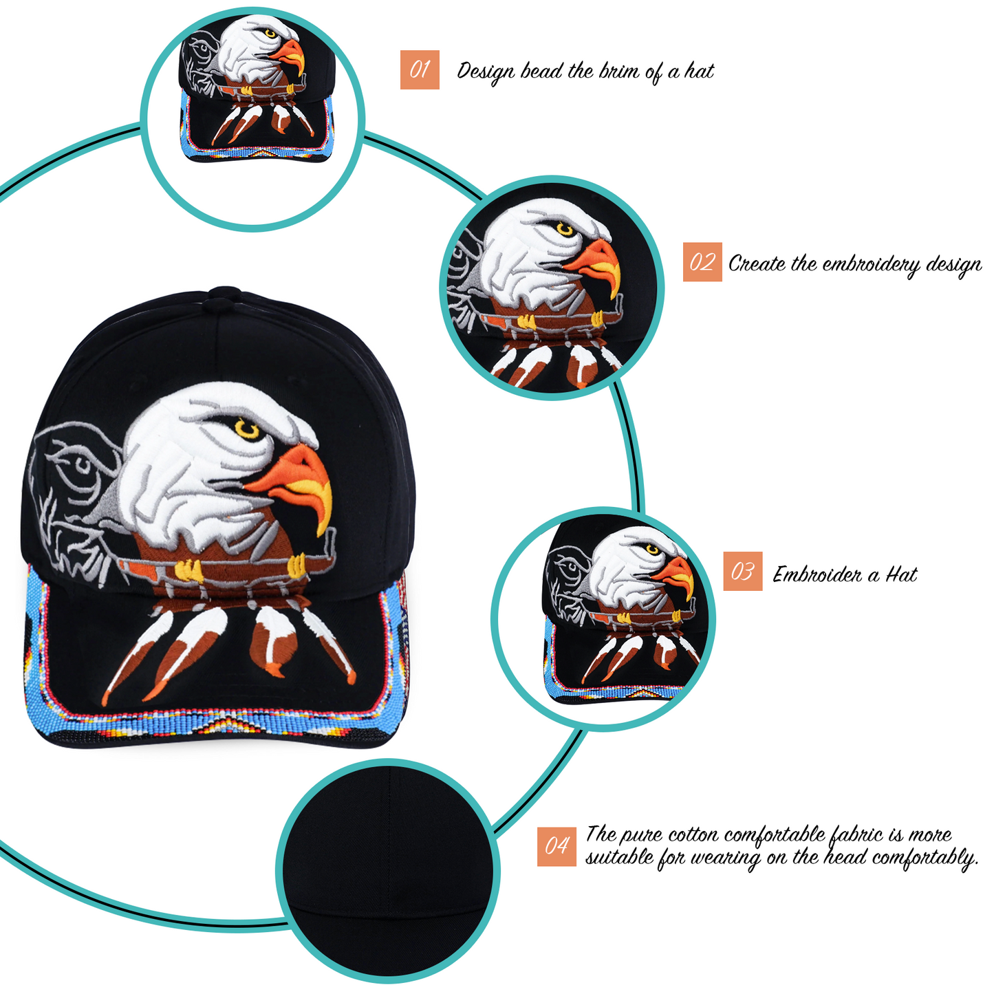 SALE 50% OFF - Eagle With Pipe Embroidered Beaded Baseball Cap With Brim Unisex Native American Style