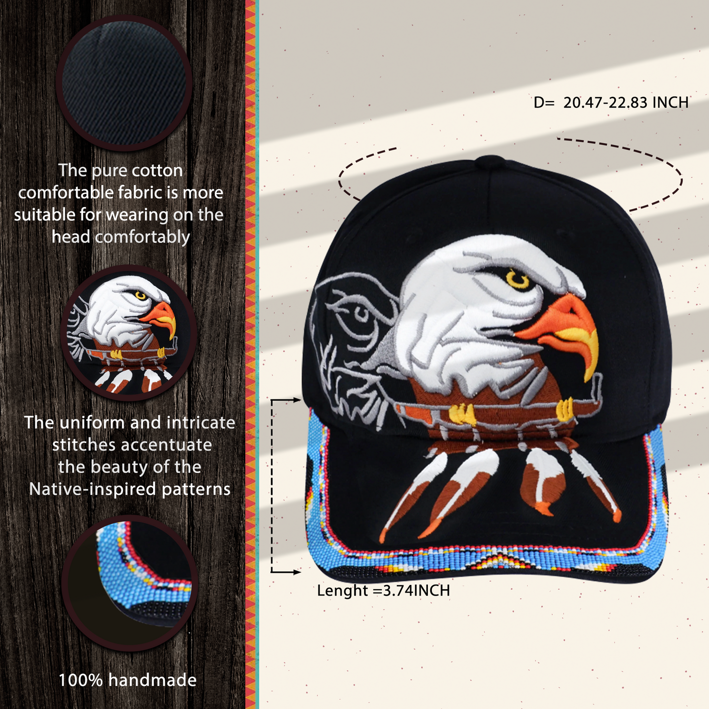 SALE 50% OFF - Eagle With Pipe Embroidered Beaded Baseball Cap With Brim Unisex Native American Style