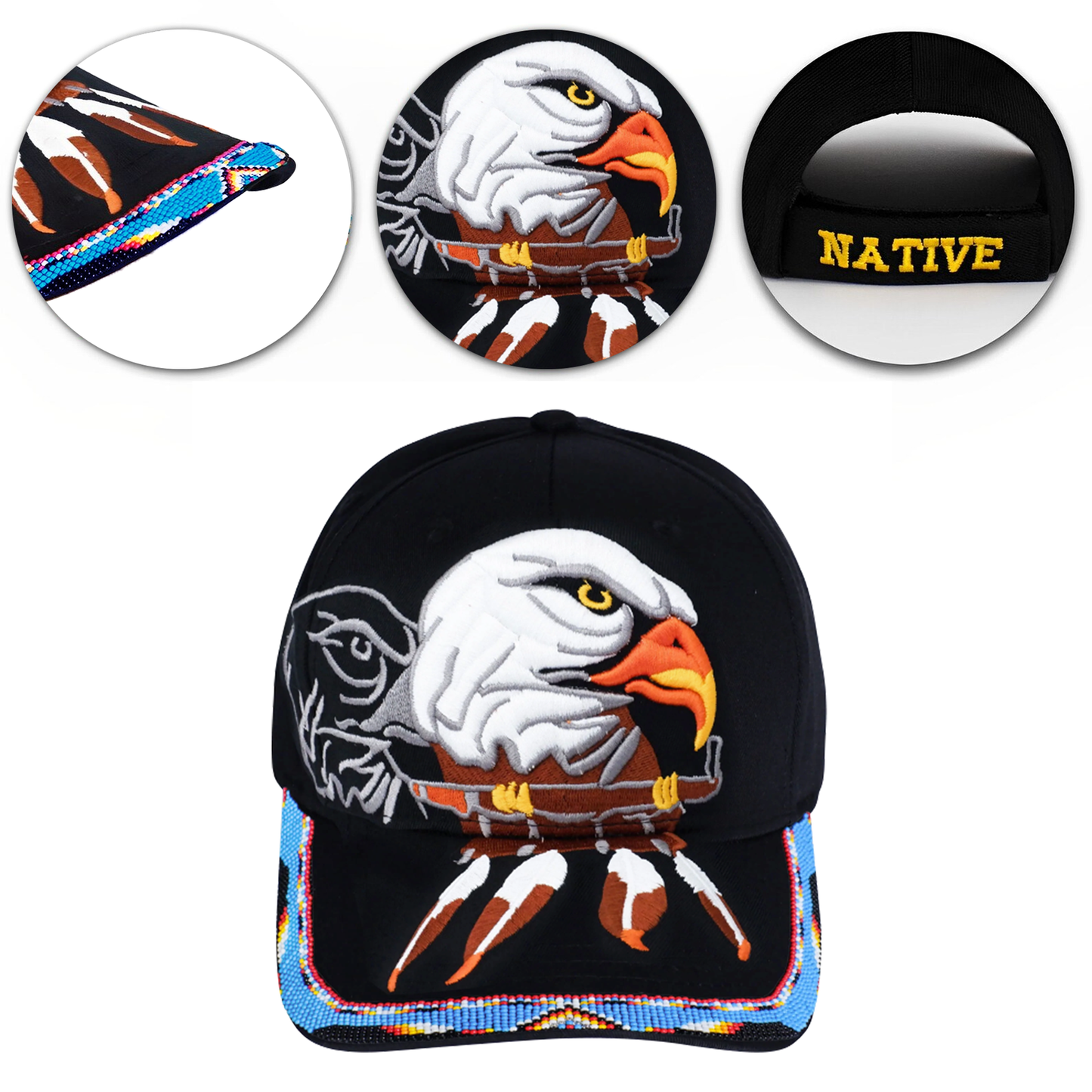 SALE 50% OFF - Eagle With Pipe Embroidered Beaded Baseball Cap With Brim Unisex Native American Style