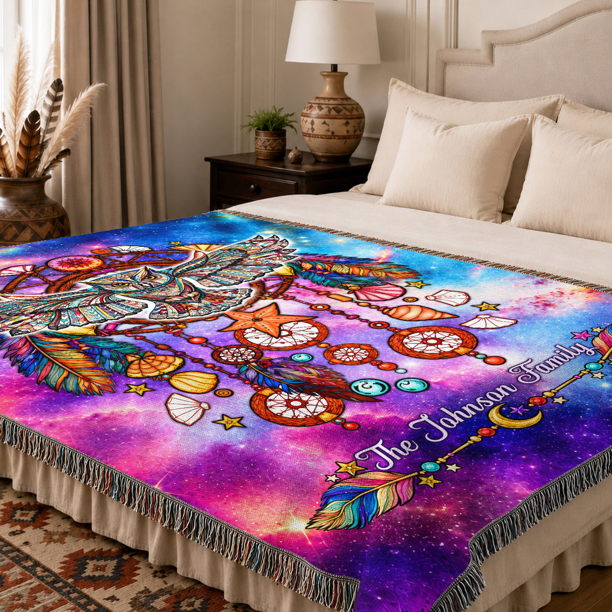 Custom Family Name Native American Owl Woven Throw Blanket