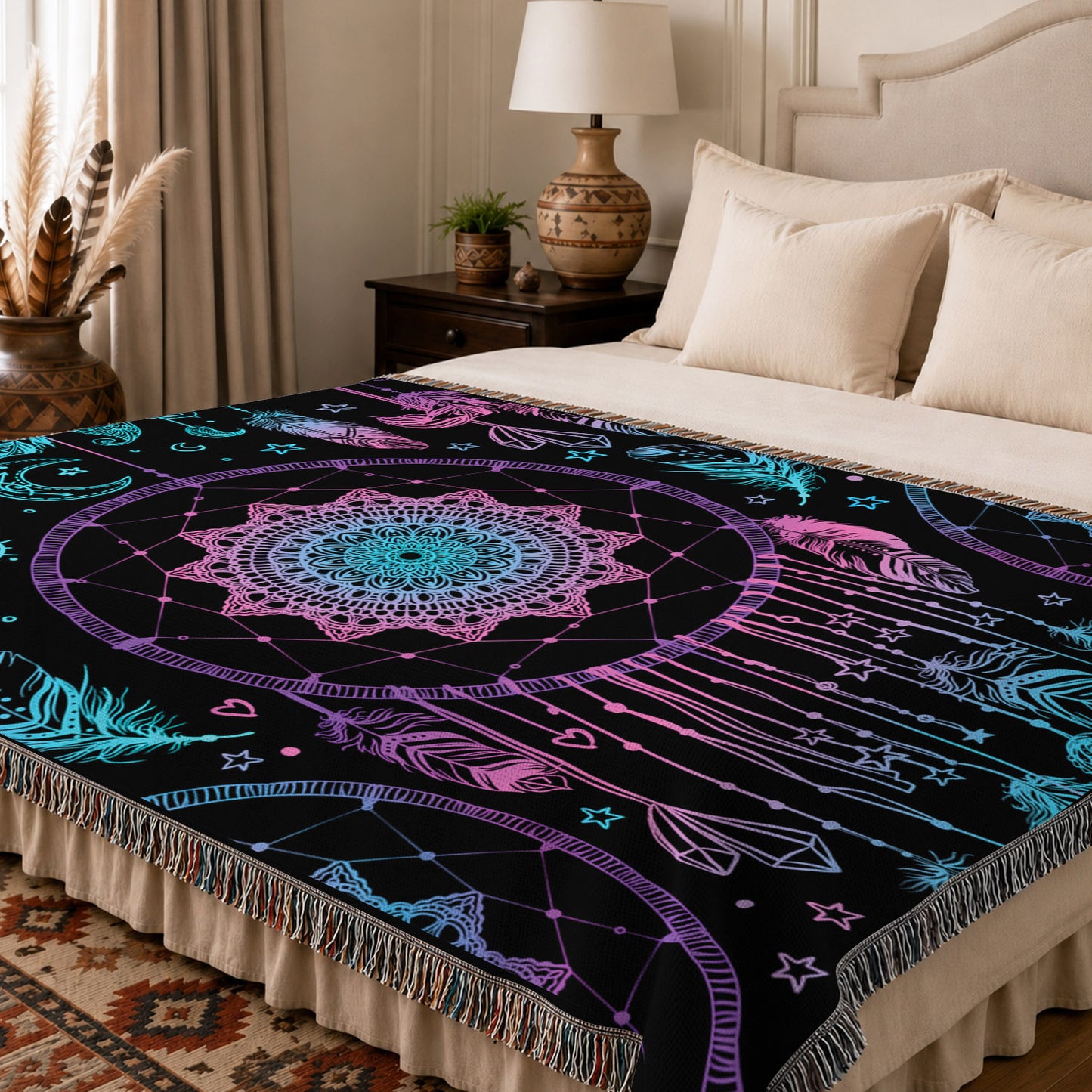 Dreamcatcher Woven Throw Blanket - Boho Feather Spiritual Decor