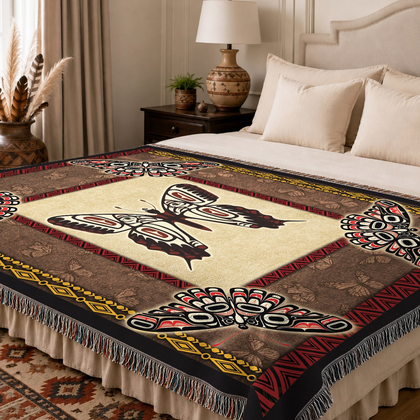 Native American Butterfly Woven Throw Blanket - Tribal Home Decor